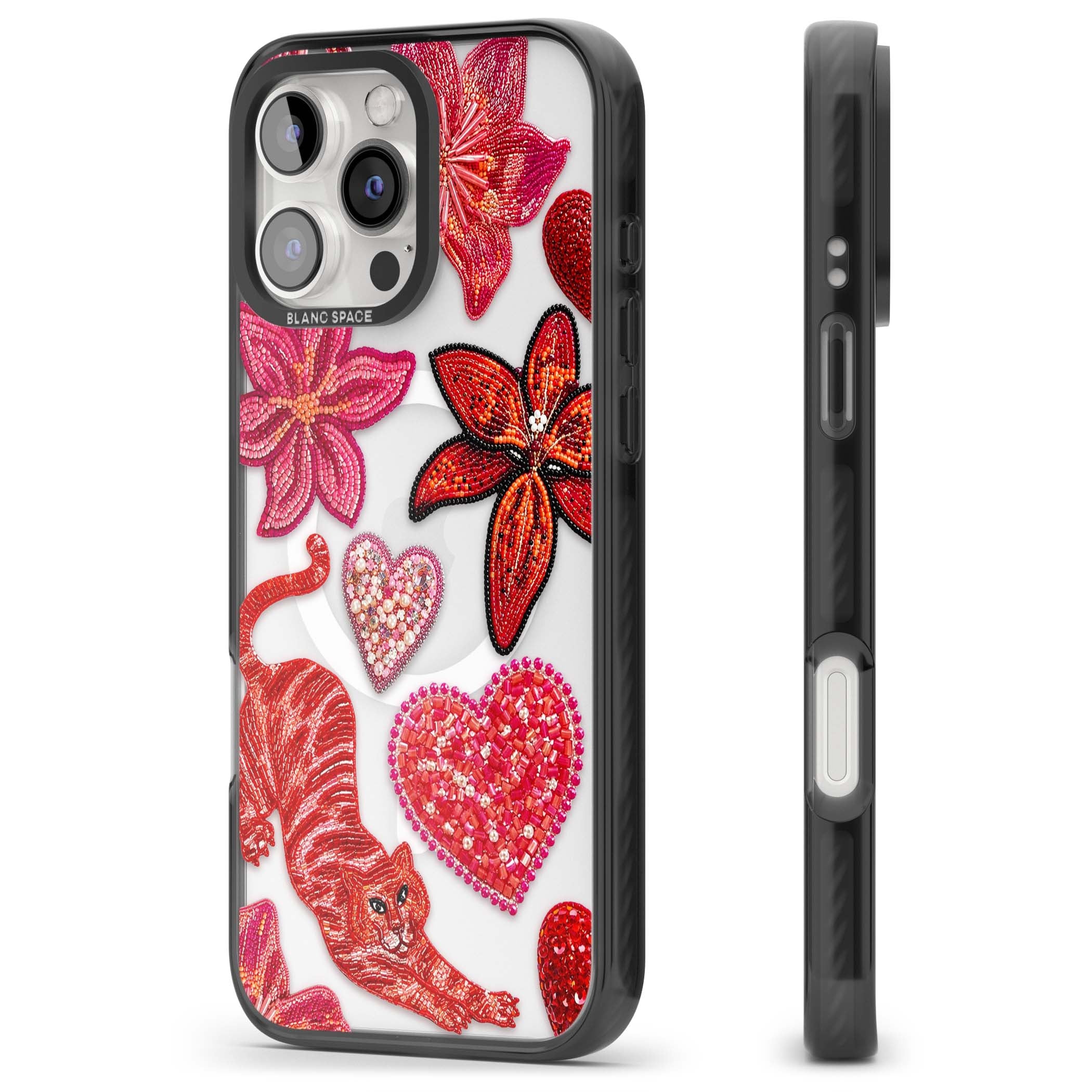 Beaded Boho floral iPhone case featuring beaded red lilies, a stitched tiger, and pearl-encrusted hearts on clear | Black Impact Magsafe case for iPhone 16 Pro, iPhone 16 Pro Max