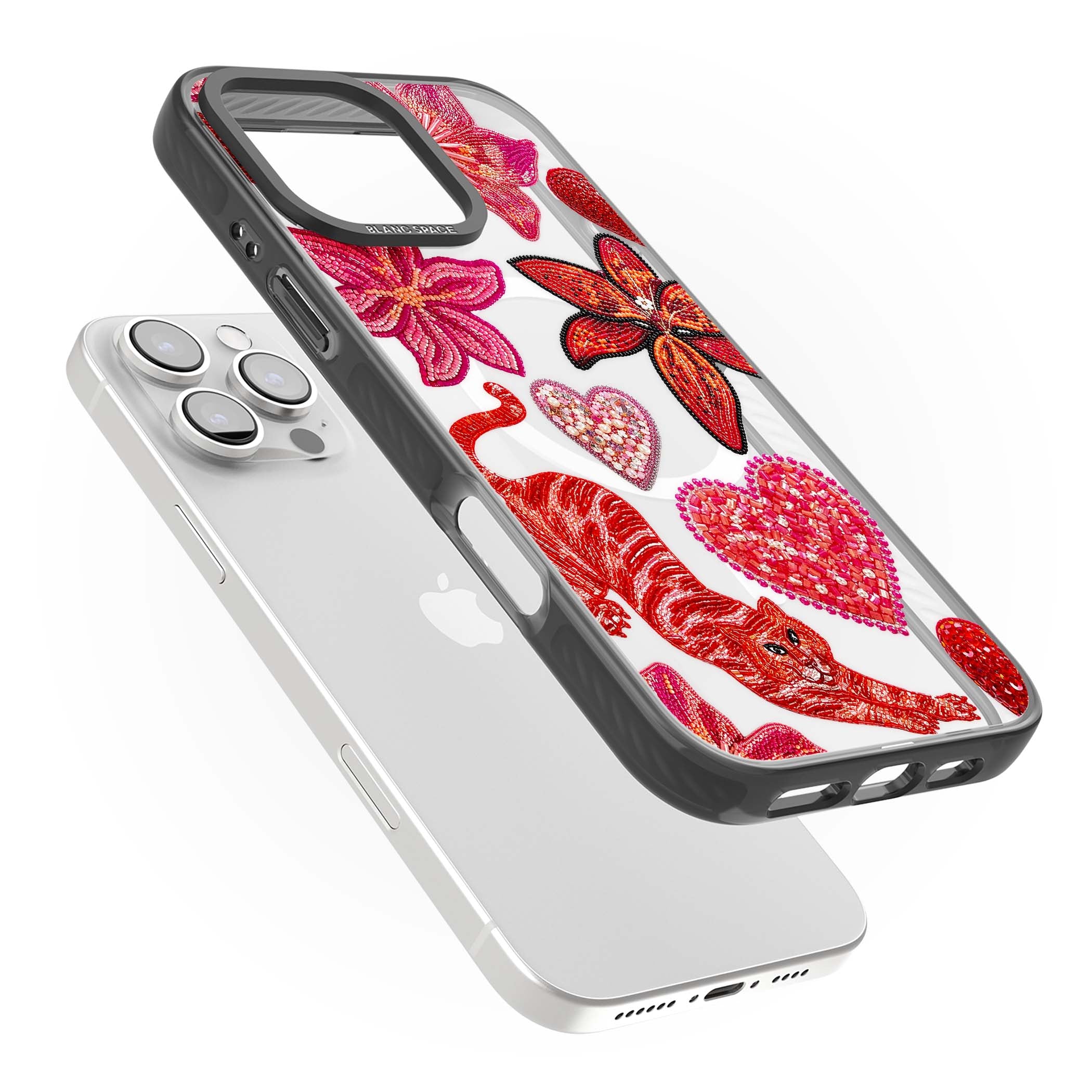 Beaded Boho floral iPhone case featuring beaded red lilies, a stitched tiger, and pearl-encrusted hearts on clear | Black Impact Magsafe case for iPhone 16 Pro, iPhone 16 Pro Max