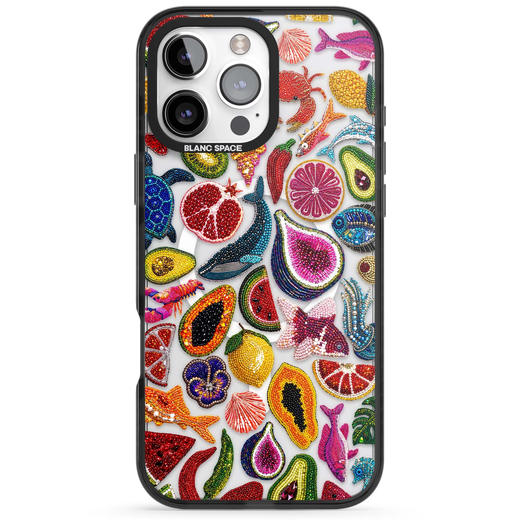 Beaded Tropic tropical iPhone case featuring beaded fruit, fish, crabs and seashells in vibrant colour | Black Impact Magsafe case for iPhone 16 Pro, iPhone 16 Pro Max
