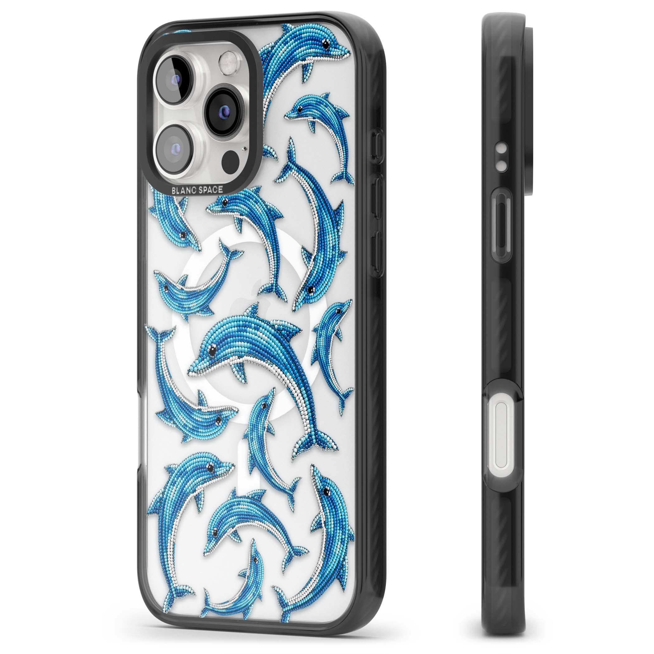 Beaded Dolphins coastal iPhone case featuring beaded dolphins in blue and white swimming across a clear background | Black Impact Magsafe case for iPhone 16 Pro, iPhone 16 Pro Max
