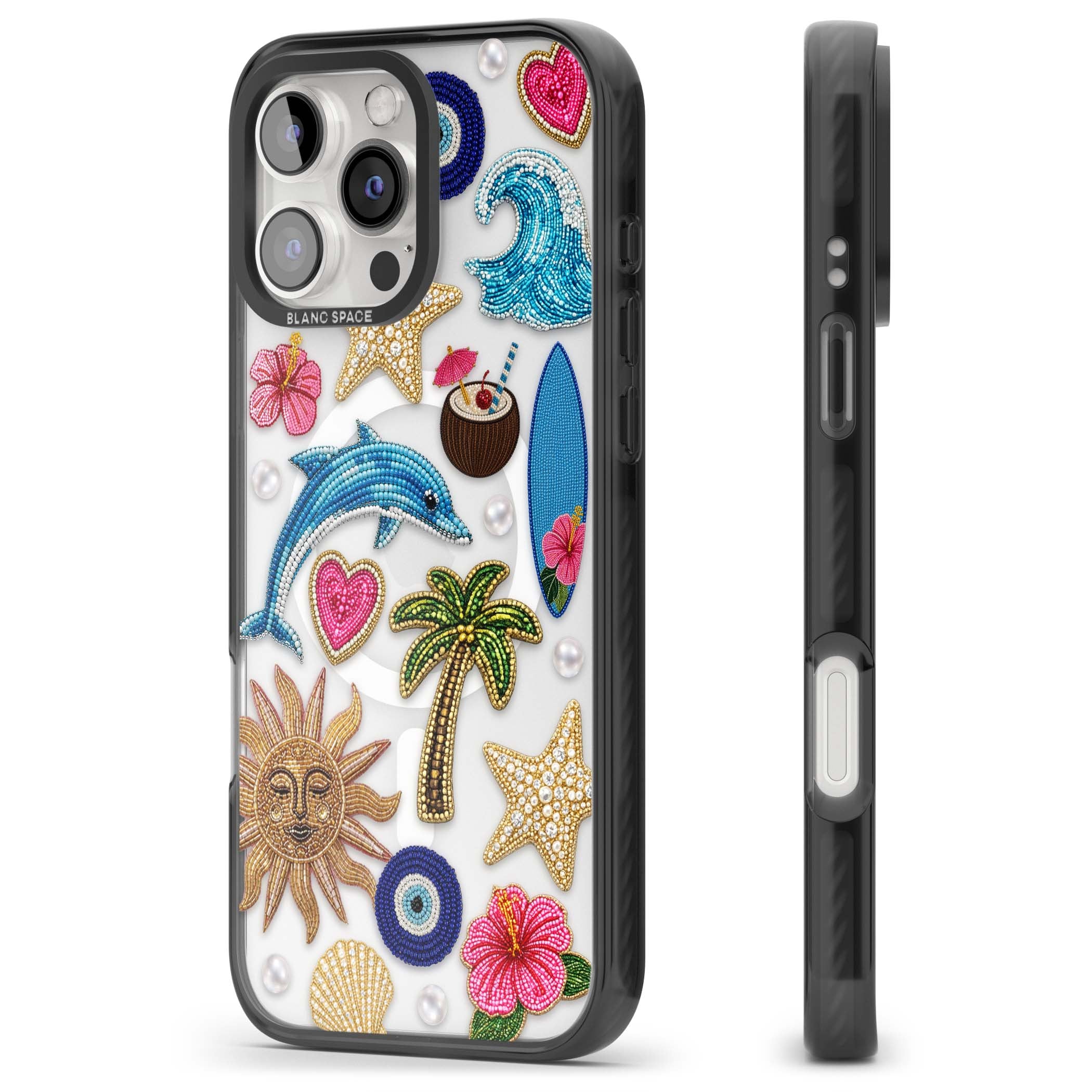 Beaded Beach coastal summer iPhone case featuring embroidered evil eye, hibiscus flowers, dolphin and palm tree patches | Black Impact Magsafe case for iPhone 16 Pro, iPhone 16 Pro Max