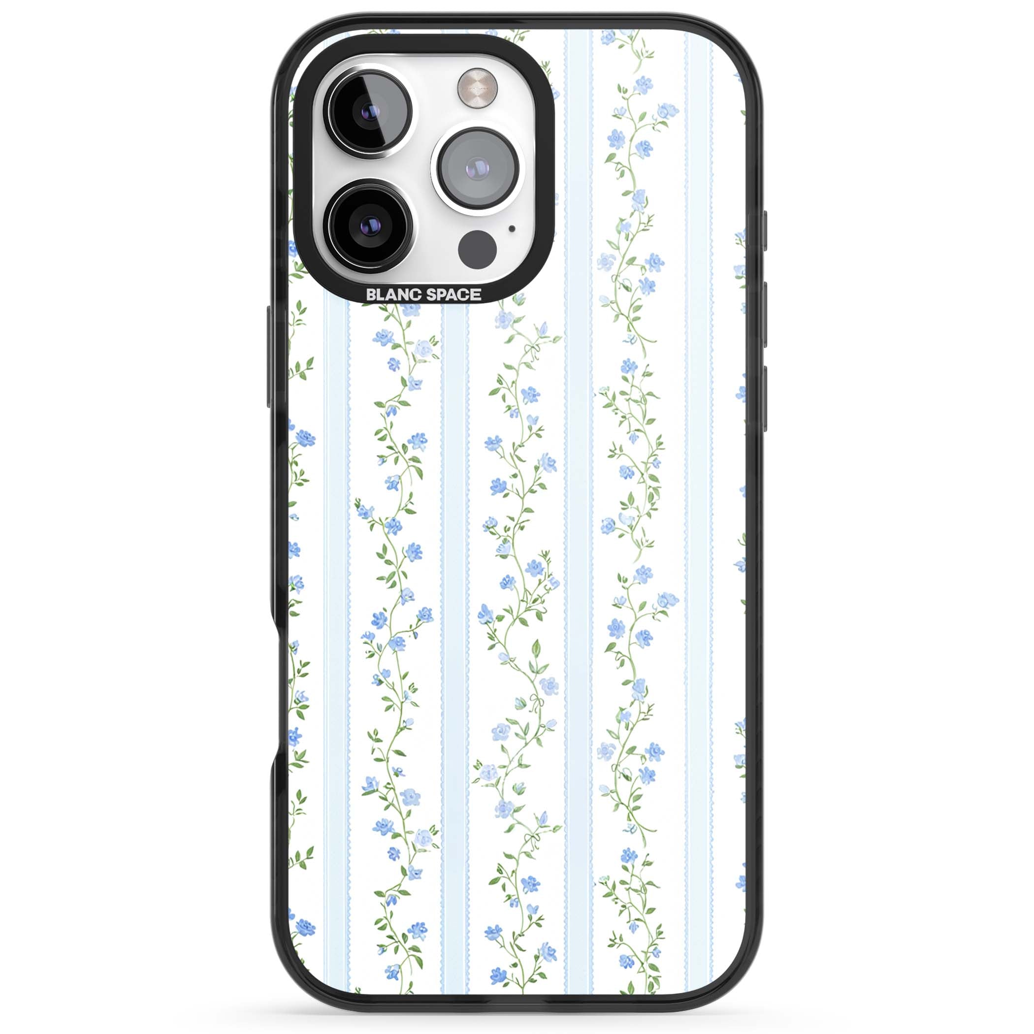 Bluebell Vine cottagecore iPhone case featuring climbing blue roses, trailing green vines, and pale ticking stripes | Black Impact Magsafe case for iPhone 16 Pro, iPhone 16 Pro Max