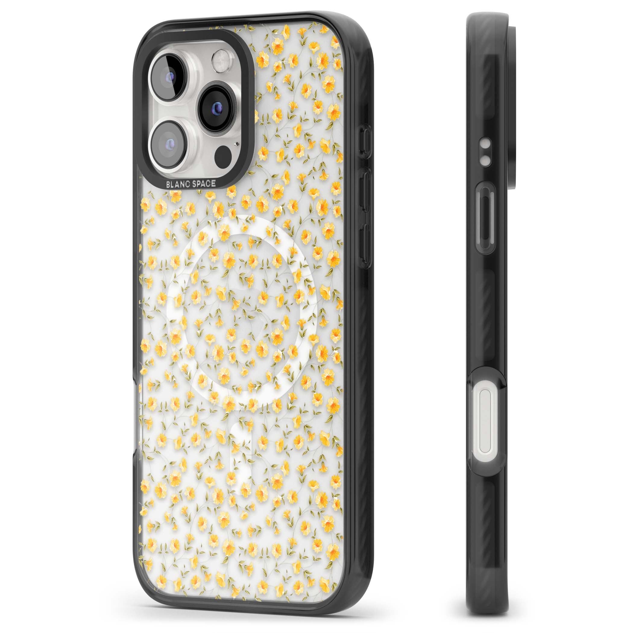 Buttercup wildflower iPhone case featuring tiny yellow flowers and trailing green vines on clear | Black Impact Magsafe case for iPhone 16 Pro, iPhone 16 Pro Max