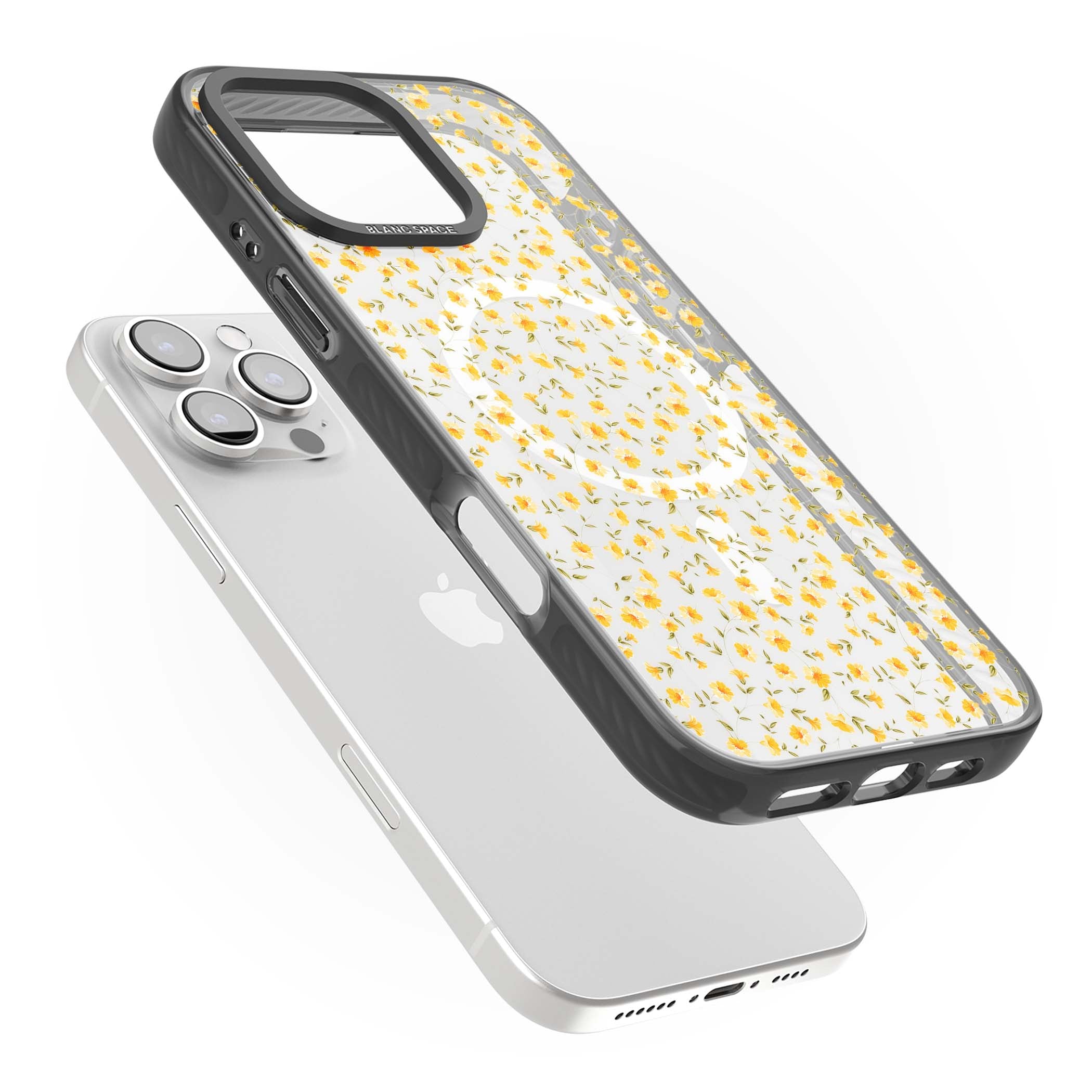 Buttercup wildflower iPhone case featuring tiny yellow flowers and trailing green vines on clear | Black Impact Magsafe case for iPhone 16 Pro, iPhone 16 Pro Max