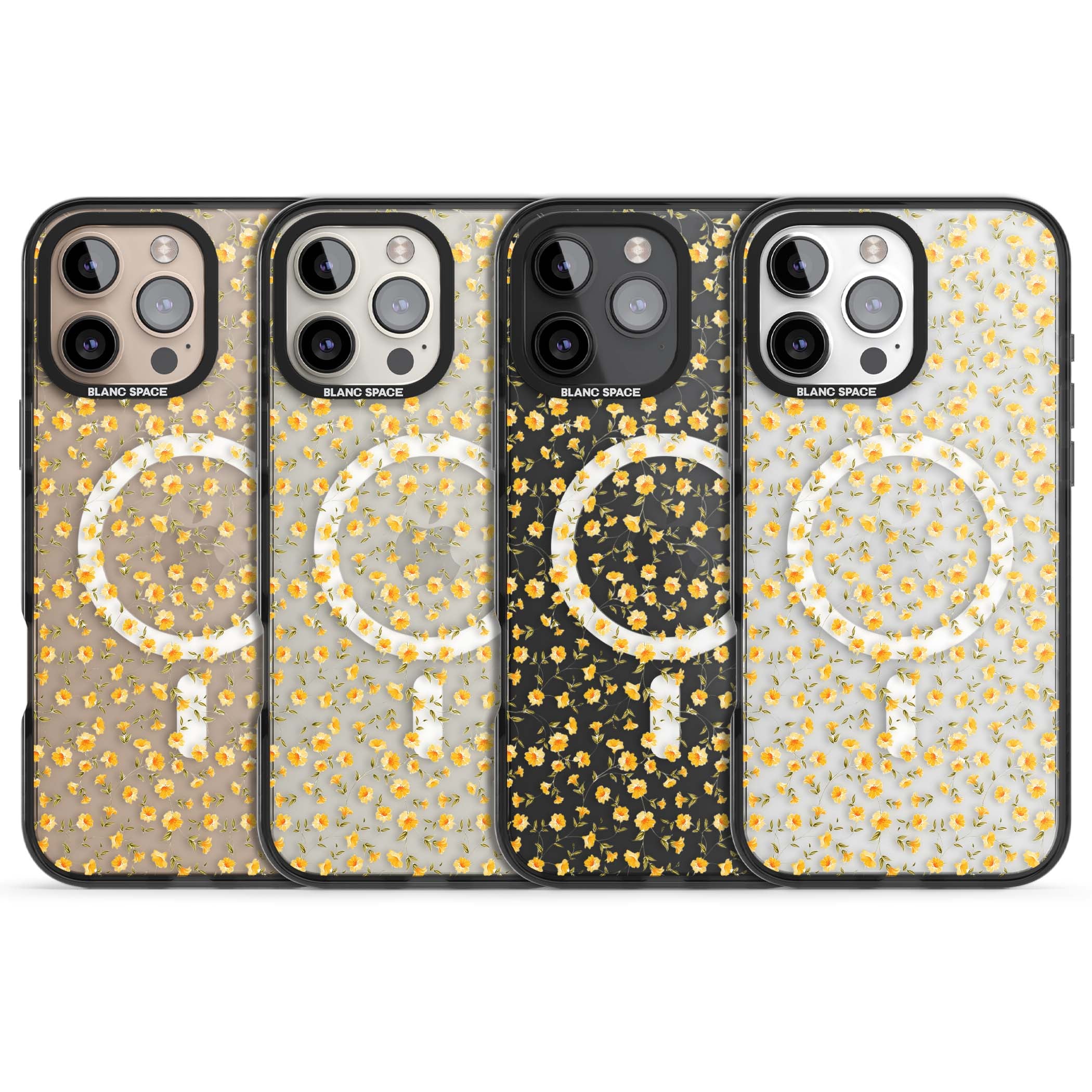 Buttercup wildflower iPhone case featuring tiny yellow flowers and trailing green vines on clear | Black Impact Magsafe case for iPhone 16 Pro, iPhone 16 Pro Max