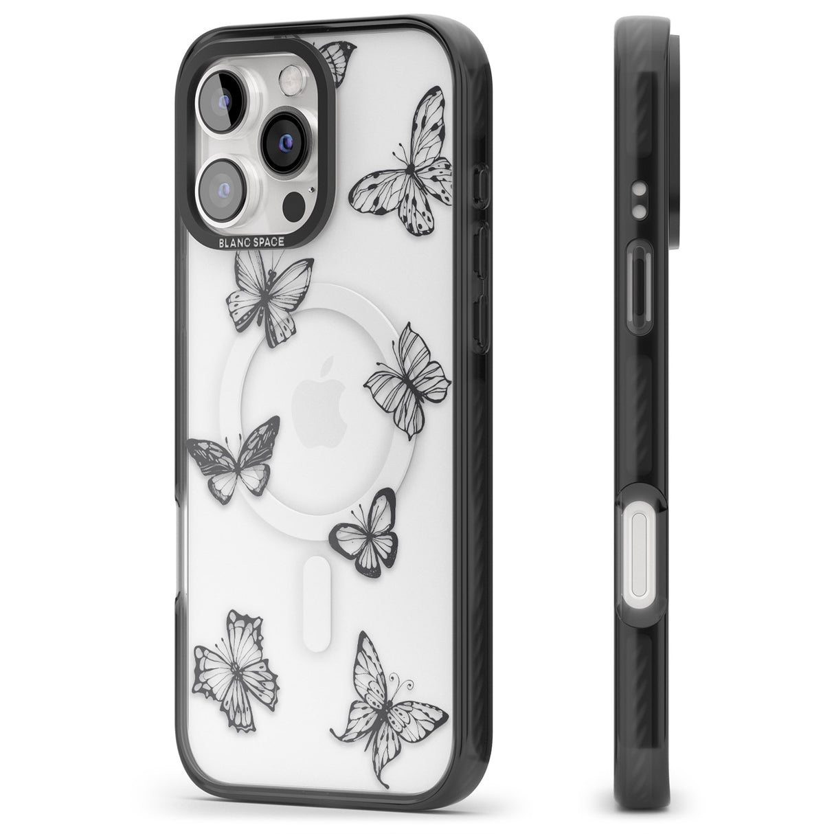 iPhone 16 Pro Max Grey Butterfly Line Pattern Black Impact Phone Case