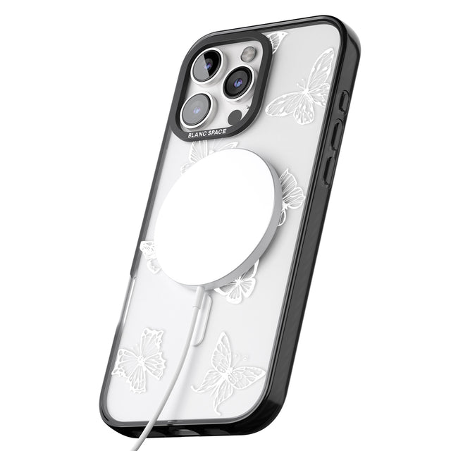 iPhone 16 Pro Max White Butterfly Line Pattern Black Impact Phone Case