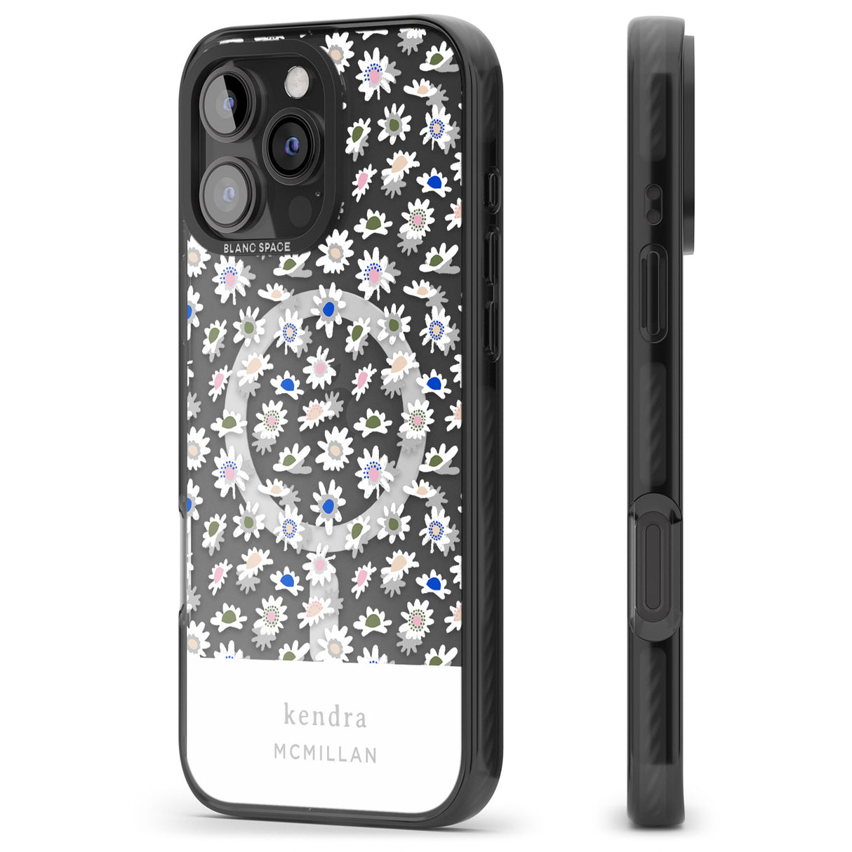 iPhone 16 Pro Max Personalised Grey & White Daisies Floral Design Black Impact Phone Case