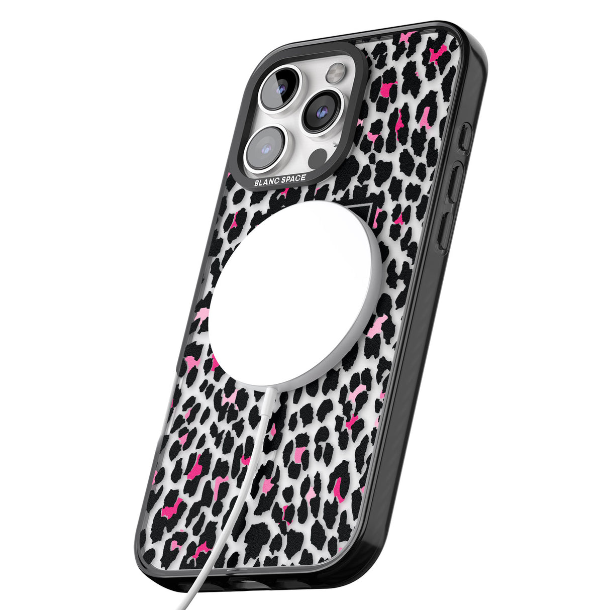 iPhone 16 Pro Max Personalised Pink Monogram Leopard Spots Black Impact Phone Case