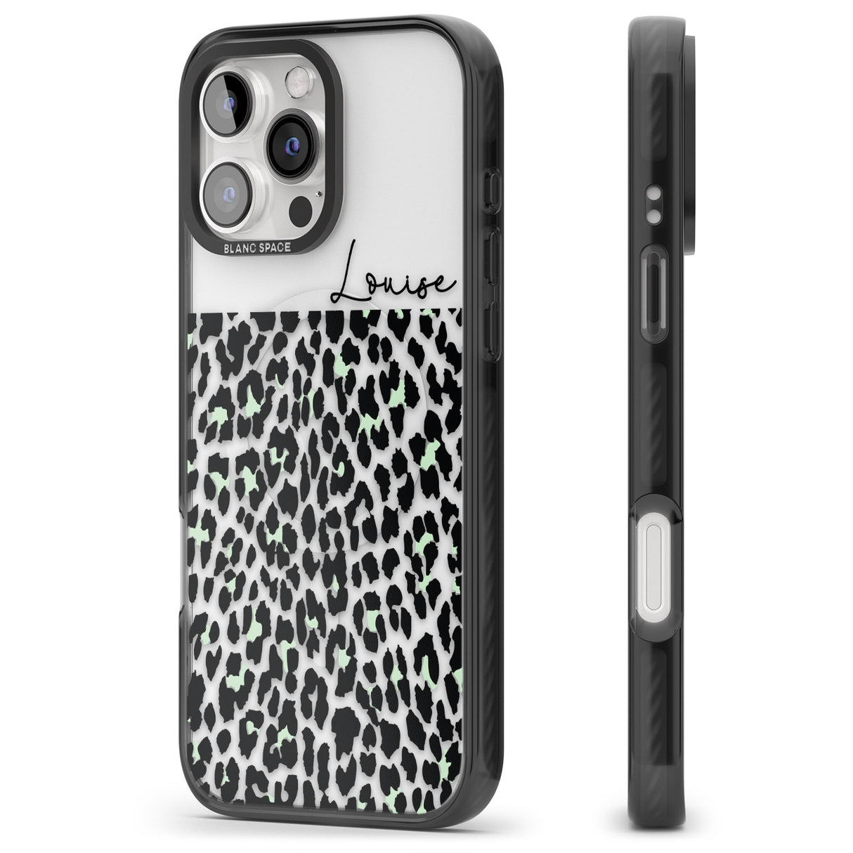 iPhone 16 Pro Max Personalised Seafoam Green & Cursive Leopard Spots Black Impact Phone Case