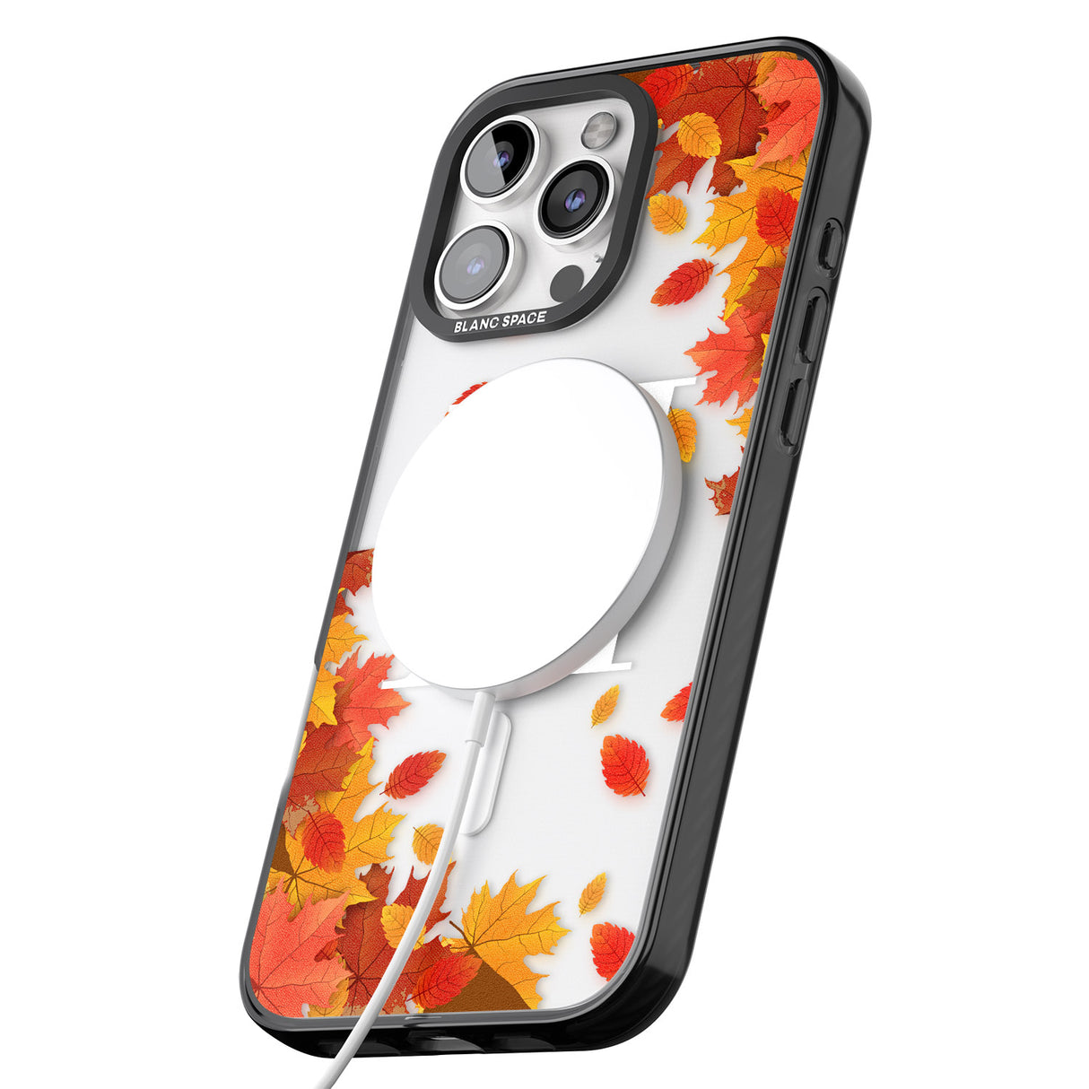 iPhone 16 Pro Max Personalised Monogram Autumn Leaves Black Impact Phone Case