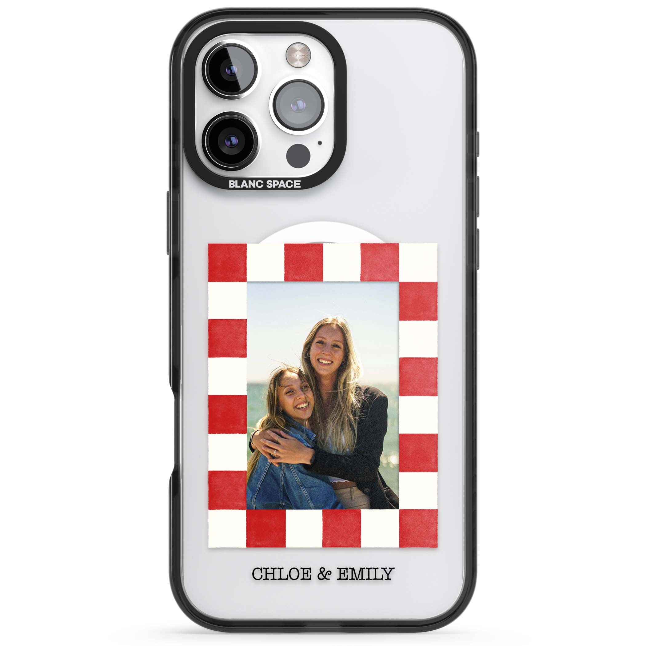 Red Check Photo personalised photo iPhone case with red and white checkered polaroid frame and custom couple name | Black Impact Magsafe case for iPhone 16 Pro, iPhone 16 Pro Max