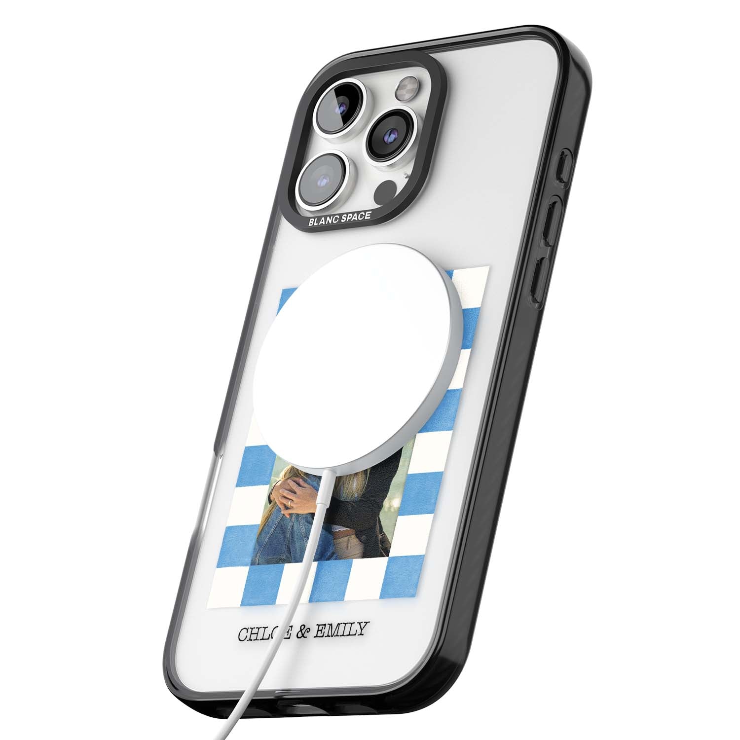 Blue Check Photo personalised photo iPhone case with blue checkered frame and custom couple names | Black Impact Magsafe case for iPhone 16 Pro, iPhone 16 Pro Max