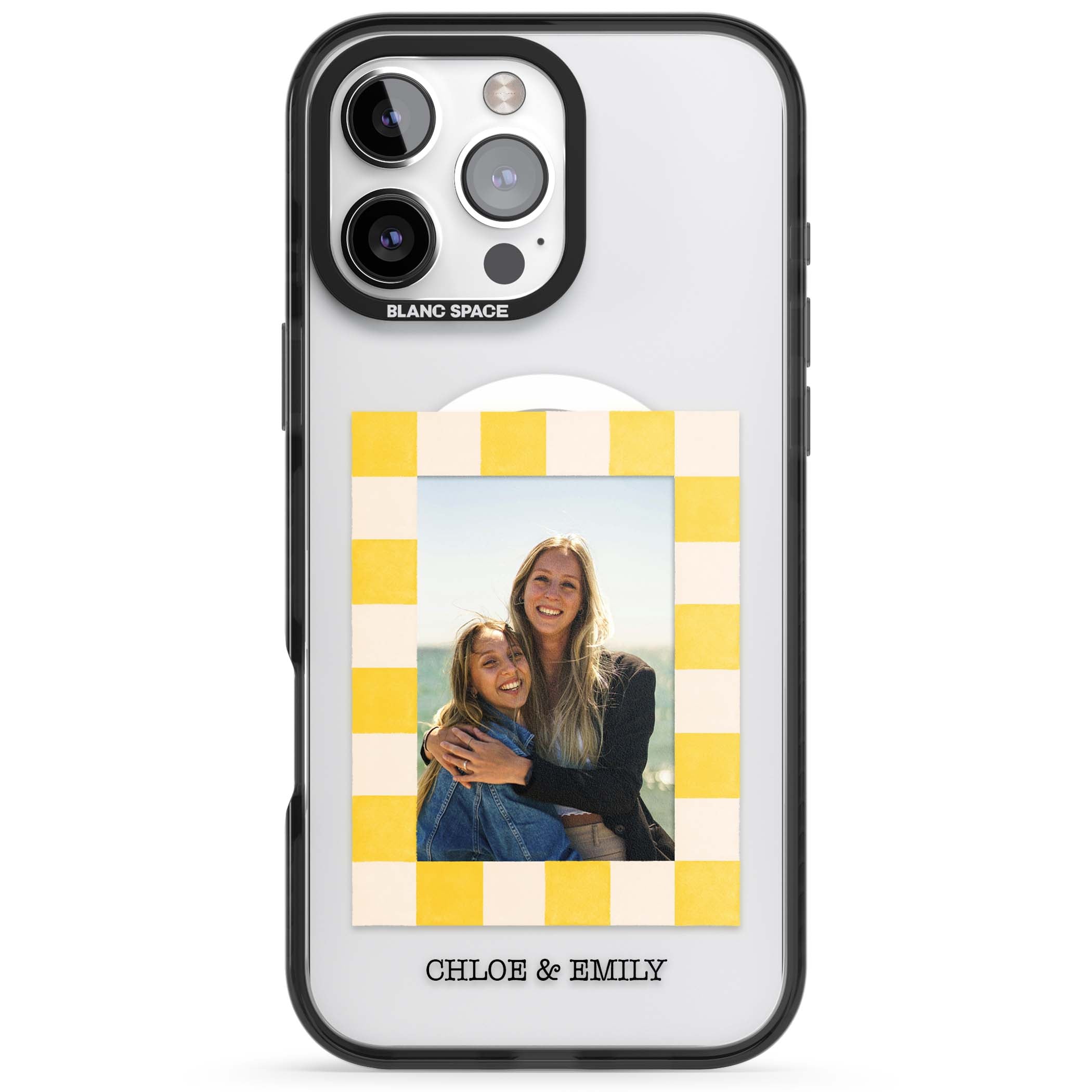 Yellow Check Photo personalised iPhone case with yellow checkered Polaroid frame and custom names beneath | Black Impact Magsafe case for iPhone 16 Pro, iPhone 16 Pro Max