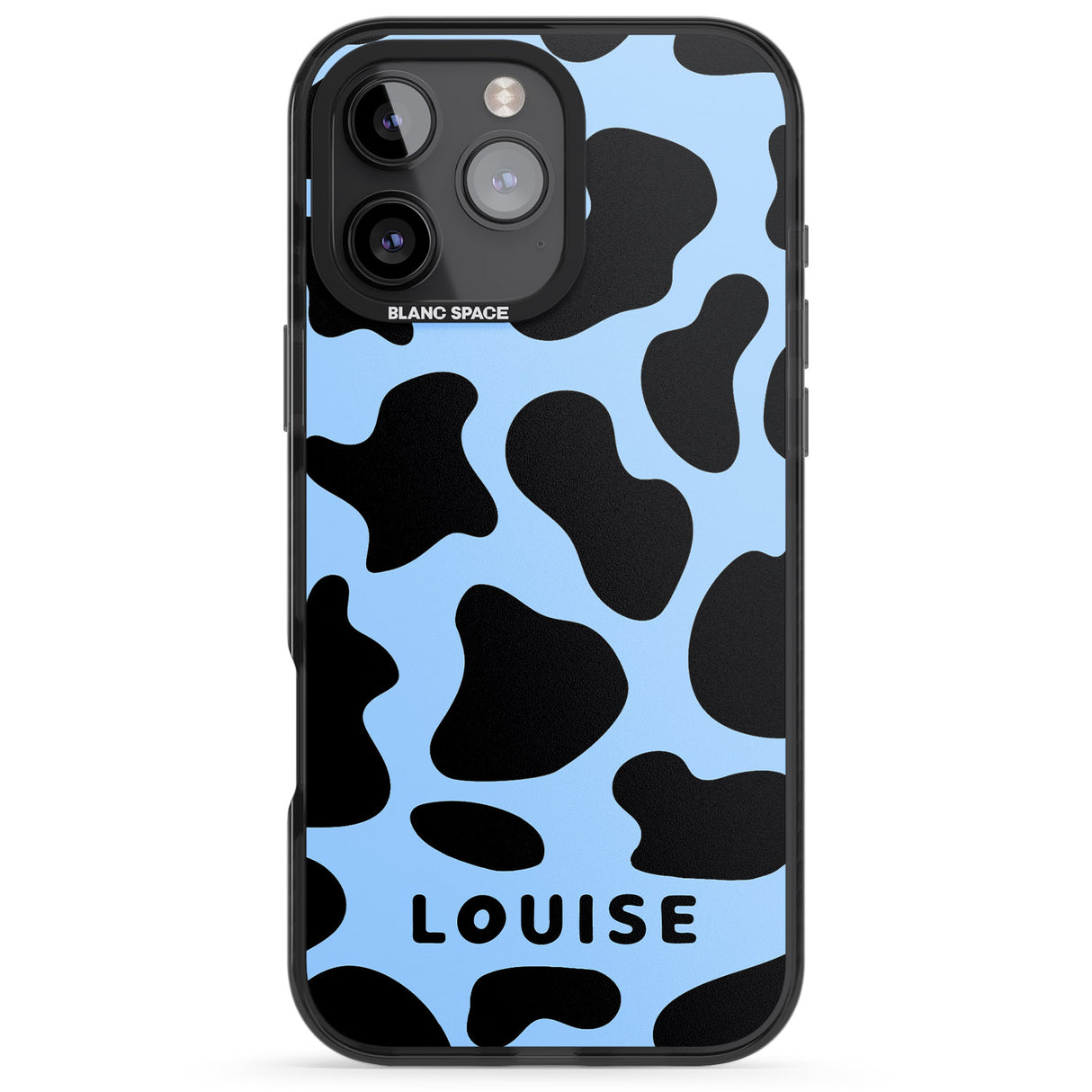 iPhone 16 Pro Max Personalised Blue and Black Cow Print Black Impact Phone Case