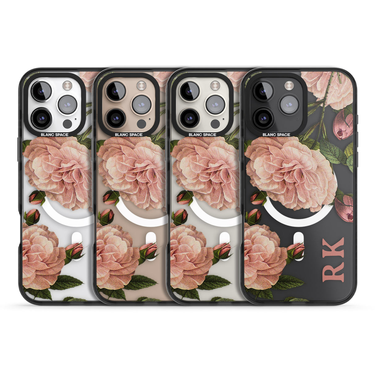 iPhone 16 Pro Max Personalised Clear Vintage Floral Pale Pink Peonies Black Impact Phone Case