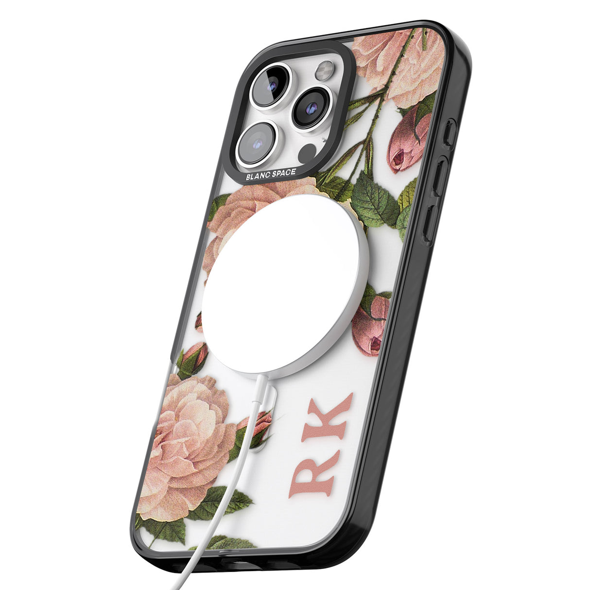 iPhone 16 Pro Max Personalised Clear Vintage Floral Pale Pink Peonies Black Impact Phone Case