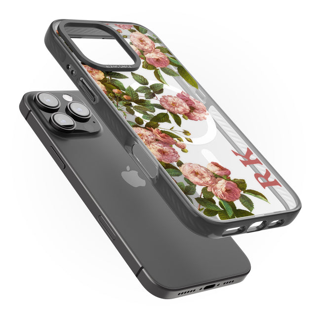 iPhone 16 Pro Max Personalised Clear Vintage Floral Pink Garden Roses Black Impact Phone Case