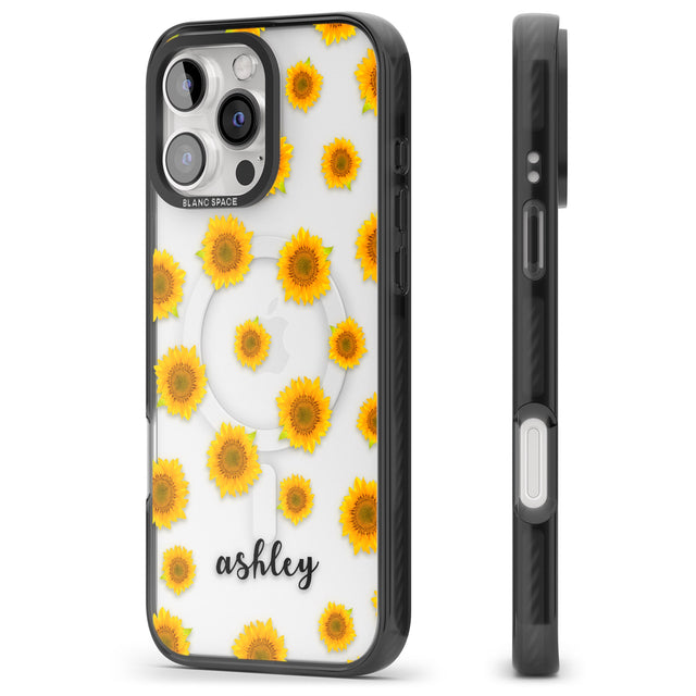 iPhone 16 Pro Max Personalised Sunflowers & Cursive Black Impact Phone Case