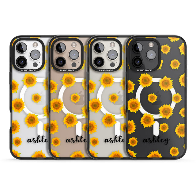 iPhone 16 Pro Max Personalised Sunflowers & Cursive Black Impact Phone Case