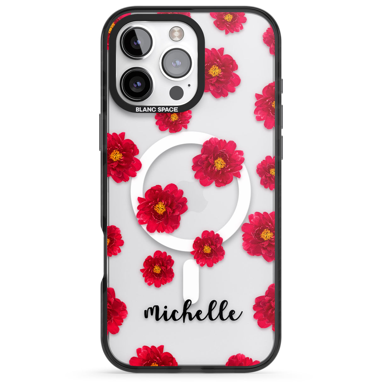 iPhone 16 Pro Max Personalised Red Peonies & Cursive Black Impact Phone Case