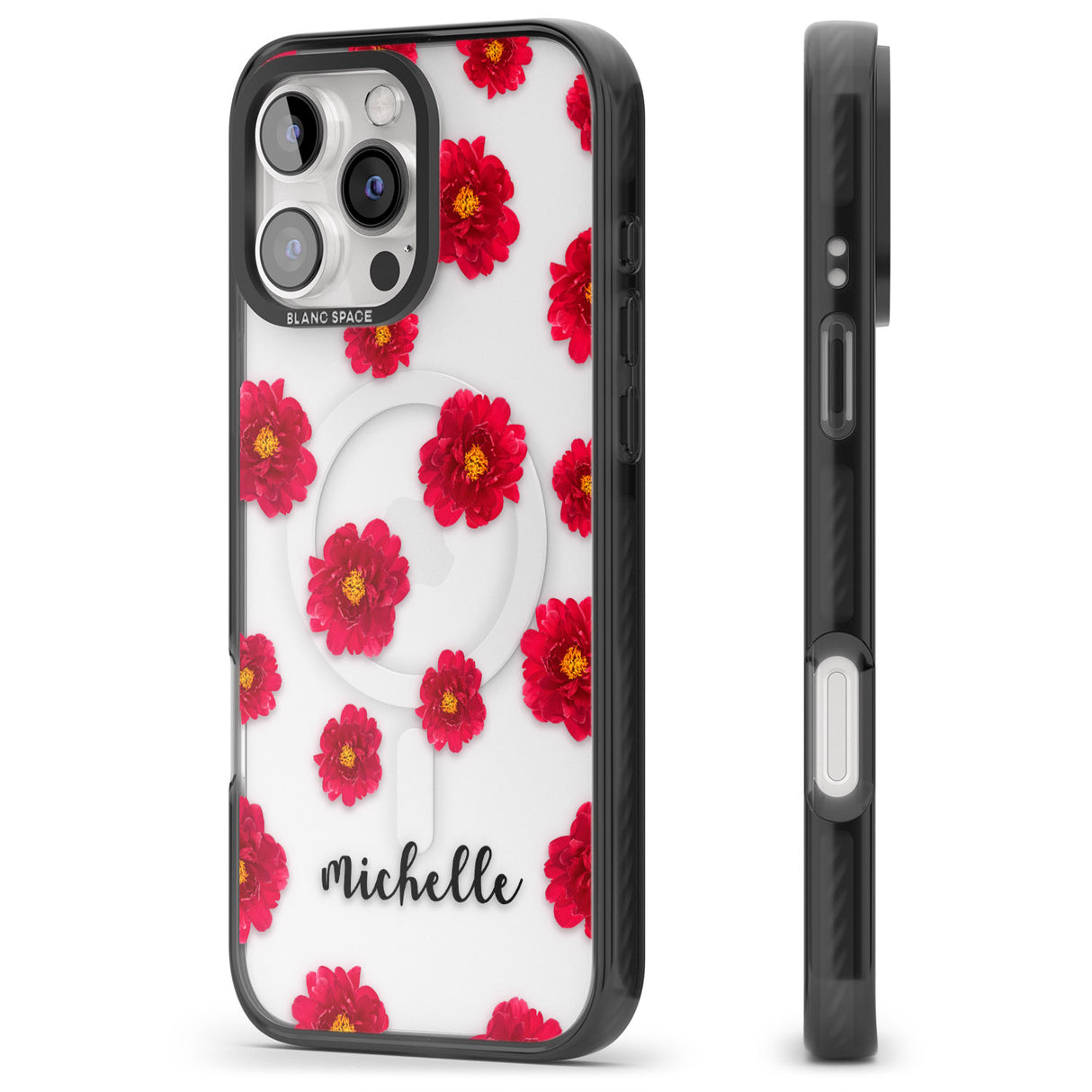 iPhone 16 Pro Max Personalised Red Peonies & Cursive Black Impact Phone Case