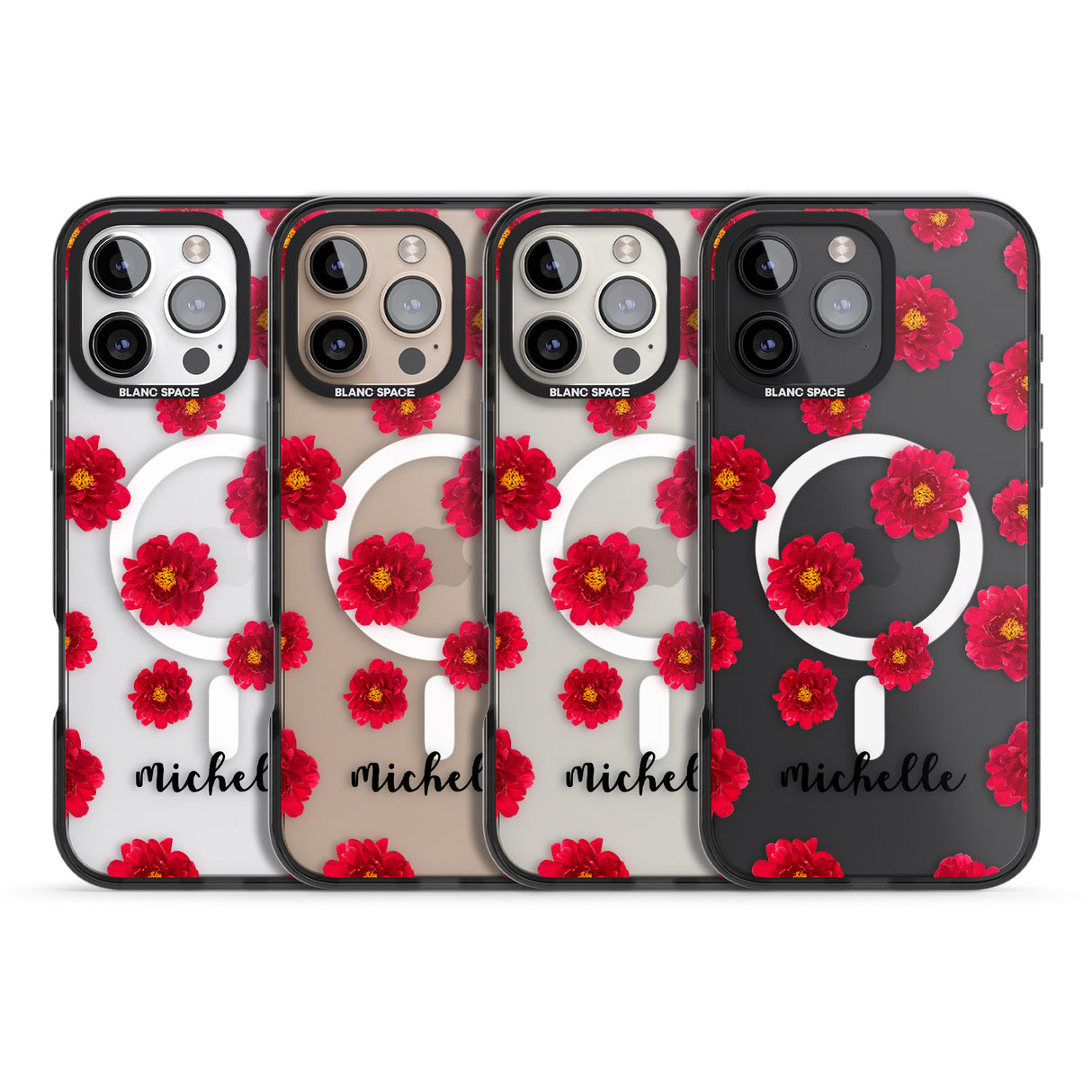 iPhone 16 Pro Max Personalised Red Peonies & Cursive Black Impact Phone Case