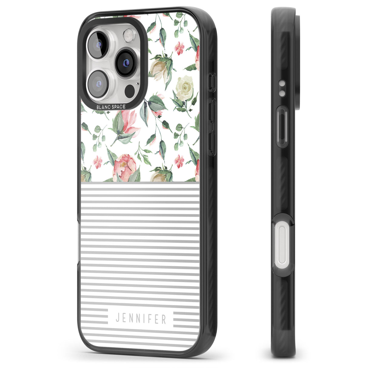 iPhone 16 Pro Max Personalised Light Floral Pattern & Stripes Black Impact Phone Case