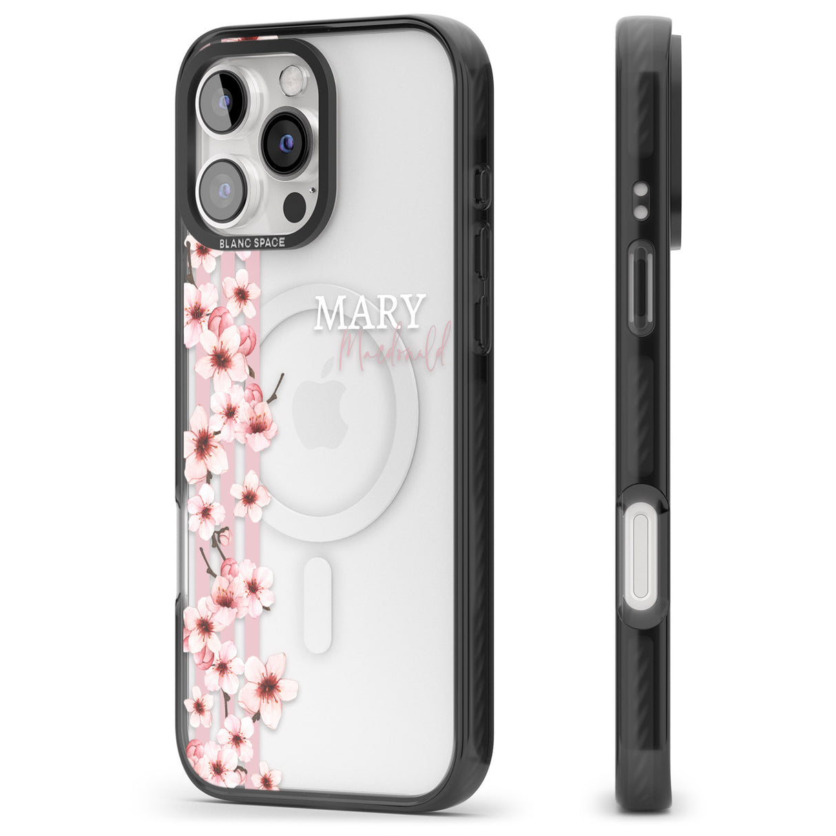 iPhone 16 Pro Max Personalised Cherry Blossoms & Stripes Black Impact Phone Case