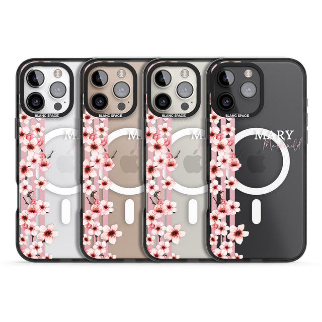 iPhone 16 Pro Max Personalised Cherry Blossoms & Stripes Black Impact Phone Case