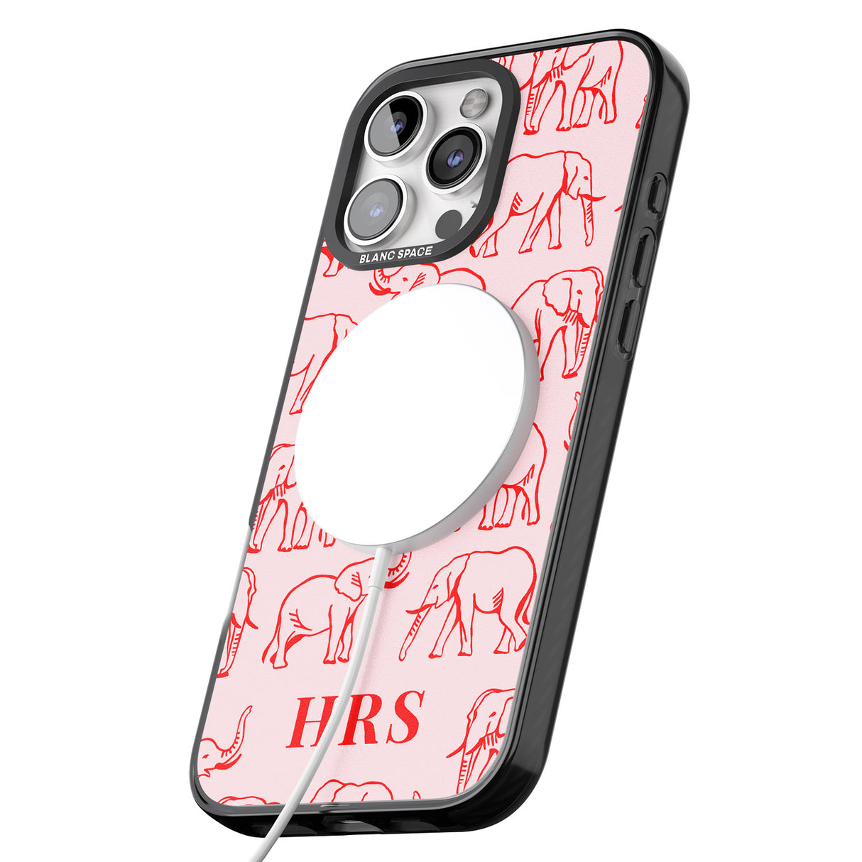 iPhone 16 Pro Max Personalised Red Elephant Outlines on Pink Black Impact Phone Case