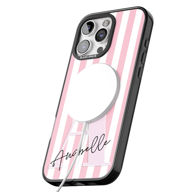 iPhone 16 Pro Max Personalised Pink Stripes & Large Monogram Black Impact Phone Case