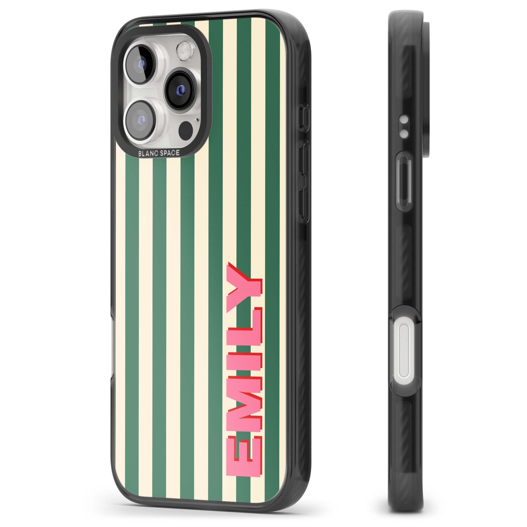 Wimbledon Stripe preppy iPhone case featuring green and cream vertical stripes with a personalised pink name | Black Impact Magsafe case for iPhone 16 Pro, iPhone 16 Pro Max