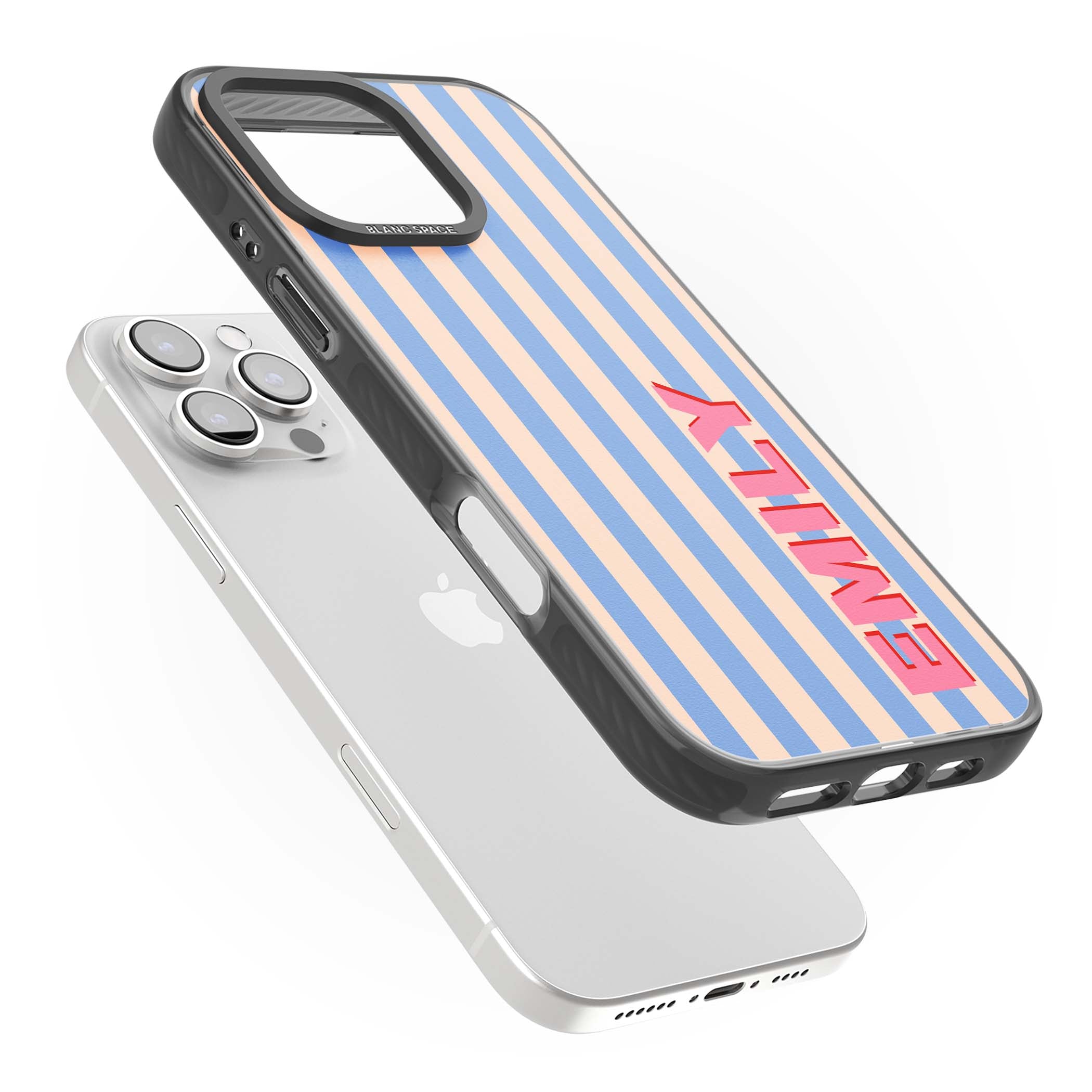 Coastal Stripe personalised coastal iPhone case with blue and peach vertical stripes and custom pink name | Black Impact Magsafe case for iPhone 16 Pro, iPhone 16 Pro Max