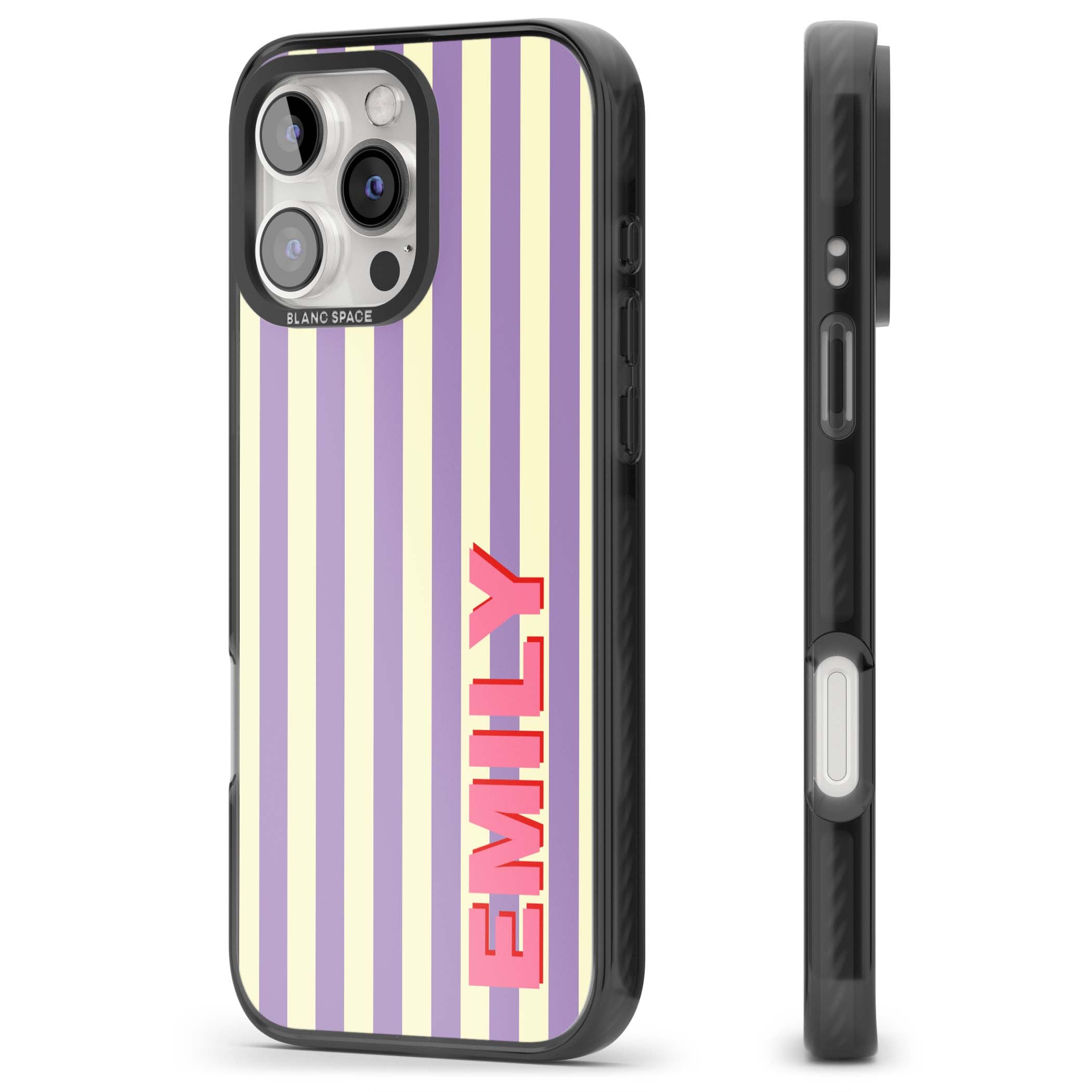 Valensole Stripe personalised iPhone case with purple and cream vertical stripes and pink custom name | Black Impact Magsafe case for iPhone 16 Pro, iPhone 16 Pro Max