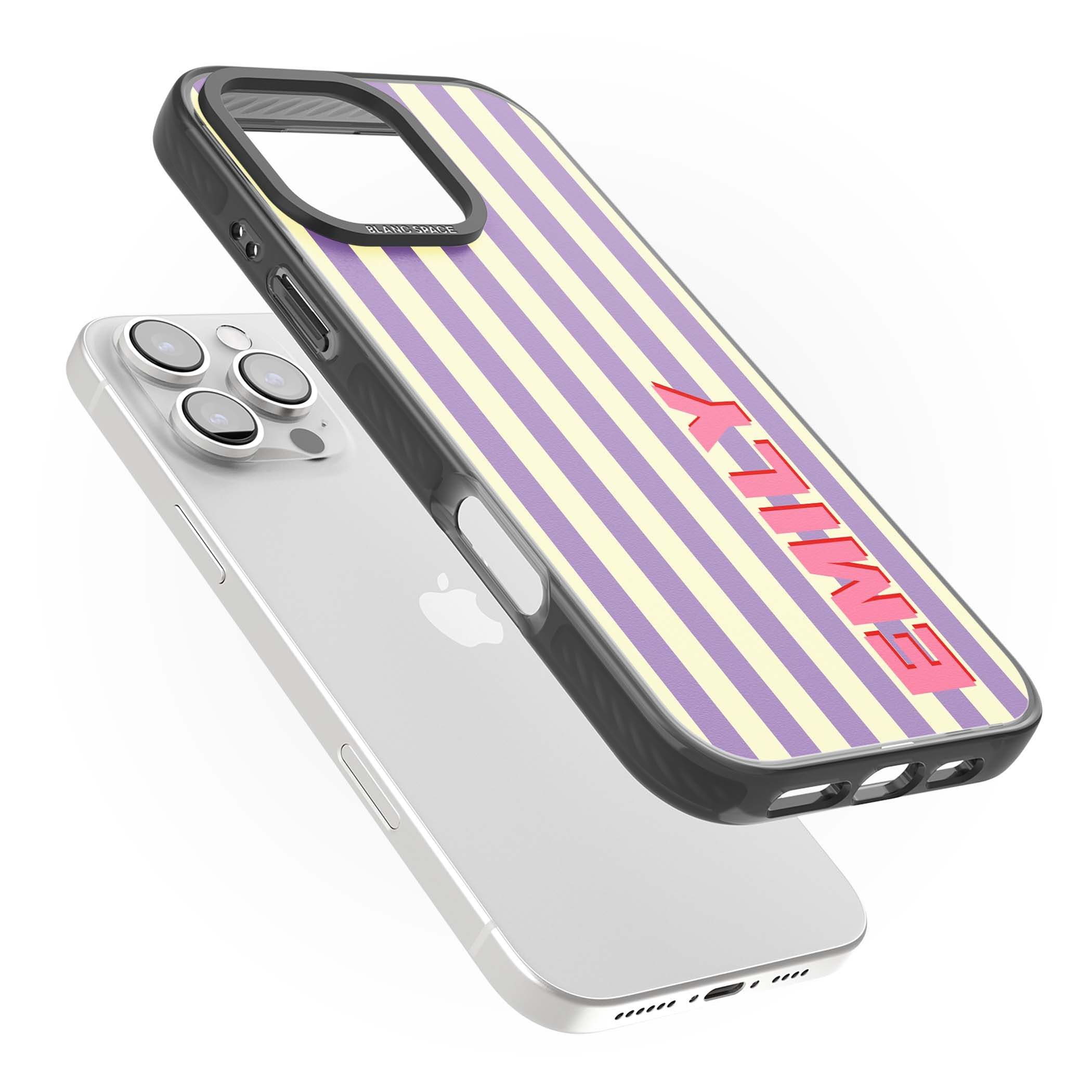 Valensole Stripe personalised iPhone case with purple and cream vertical stripes and pink custom name | Black Impact Magsafe case for iPhone 16 Pro, iPhone 16 Pro Max