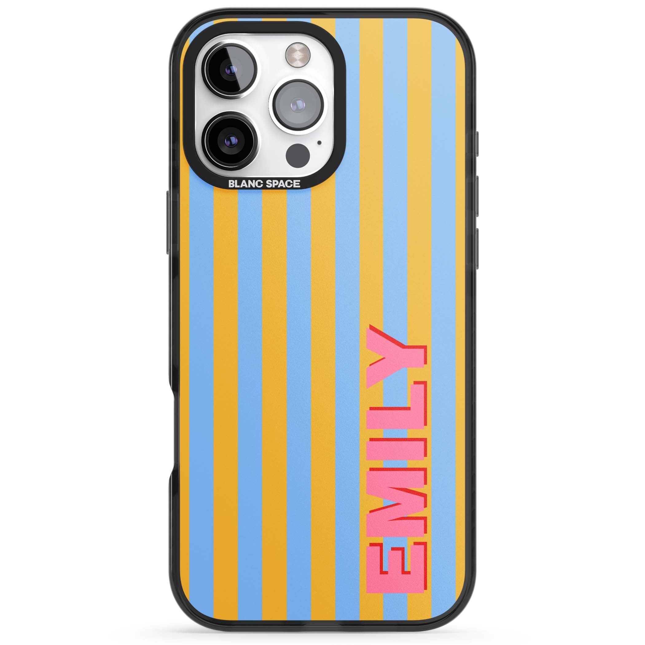 Carribean Stripe personalised coastal iPhone case with yellow and blue vertical stripes and a custom pink name | Black Impact Magsafe case for iPhone 16 Pro, iPhone 16 Pro Max