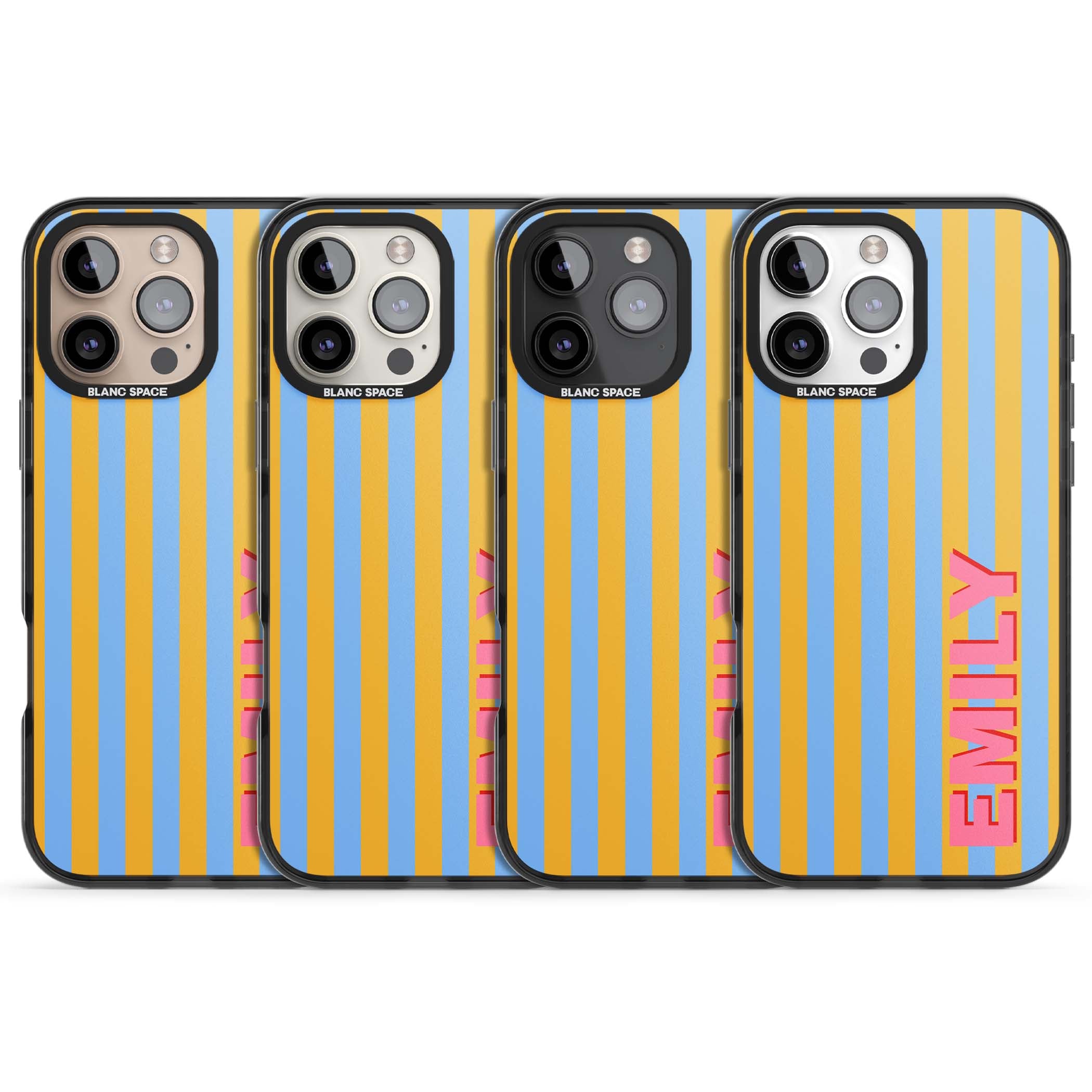 Carribean Stripe personalised coastal iPhone case with yellow and blue vertical stripes and a custom pink name | Black Impact Magsafe case for iPhone 16 Pro, iPhone 16 Pro Max