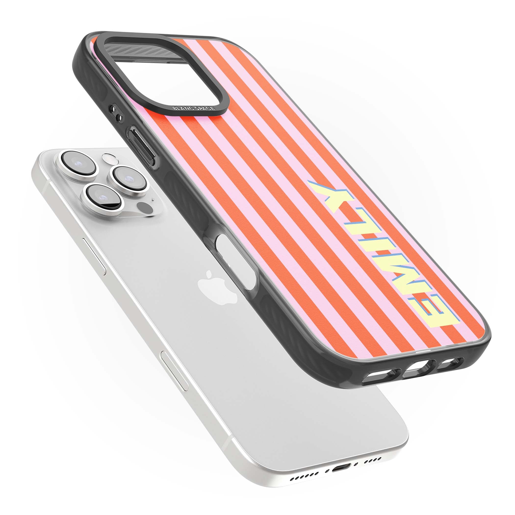 Havana Stripe personalised iPhone case featuring pink and orange vertical stripes with a custom yellow name | Black Impact Magsafe case for iPhone 16 Pro, iPhone 16 Pro Max