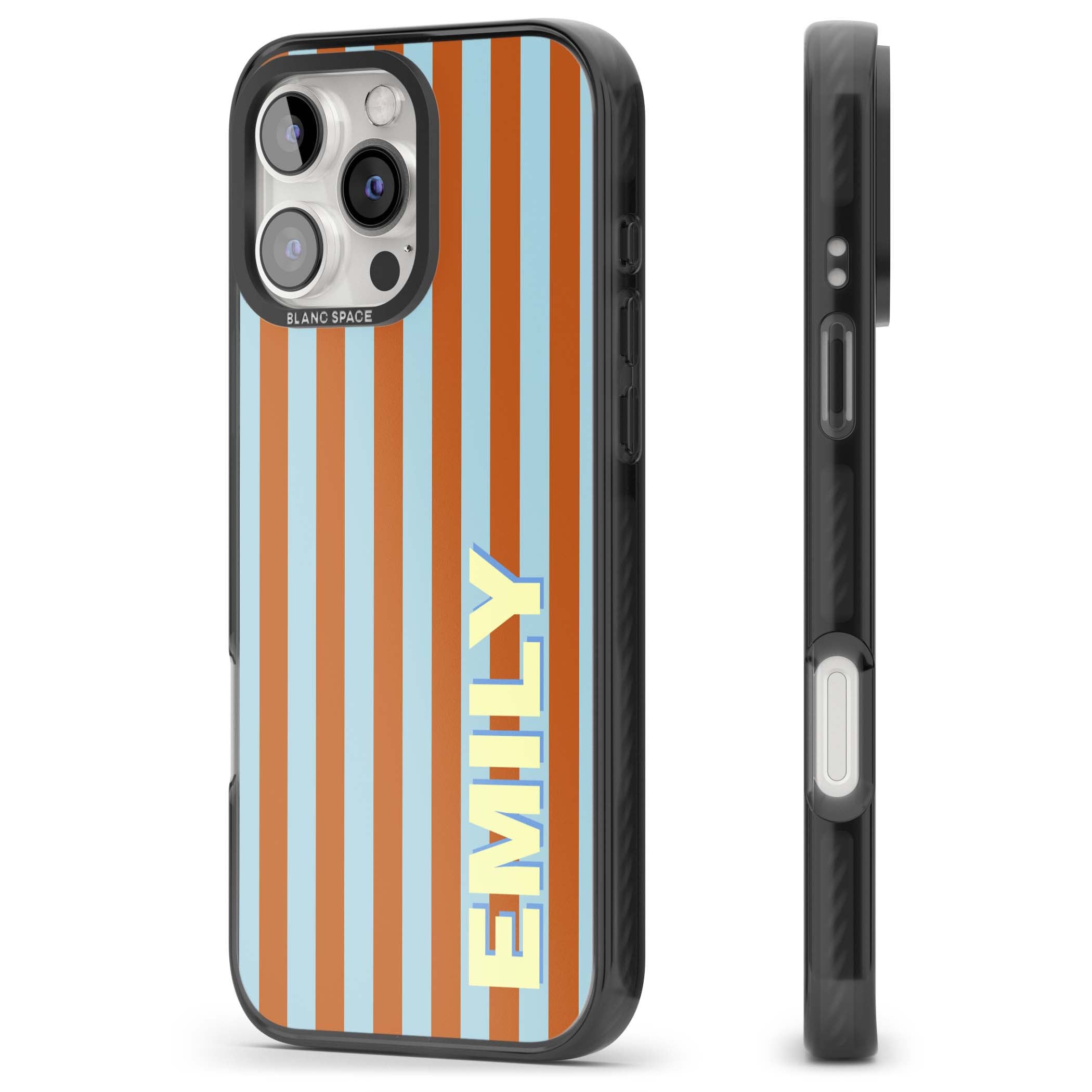 Cappadocia Stripe personalised coastal iPhone case featuring blue and orange vertical stripes with custom cream name | Black Impact Magsafe case for iPhone 16 Pro, iPhone 16 Pro Max