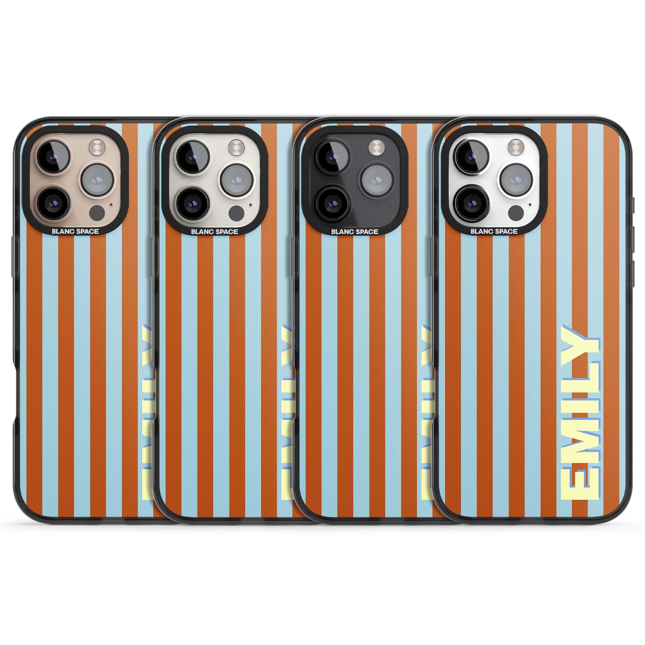 Cappadocia Stripe personalised coastal iPhone case featuring blue and orange vertical stripes with custom cream name | Black Impact Magsafe case for iPhone 16 Pro, iPhone 16 Pro Max