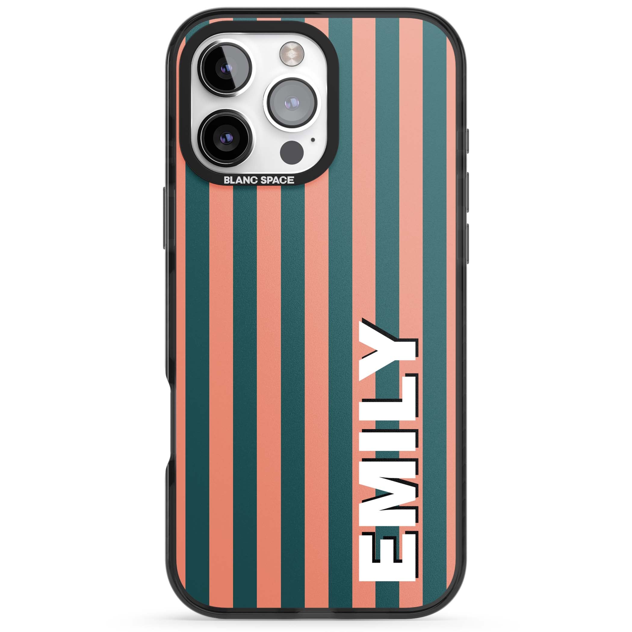 Tuscan Stripe personalised iPhone case featuring coral and green vertical stripes with bold custom name | Black Impact Magsafe case for iPhone 16 Pro, iPhone 16 Pro Max