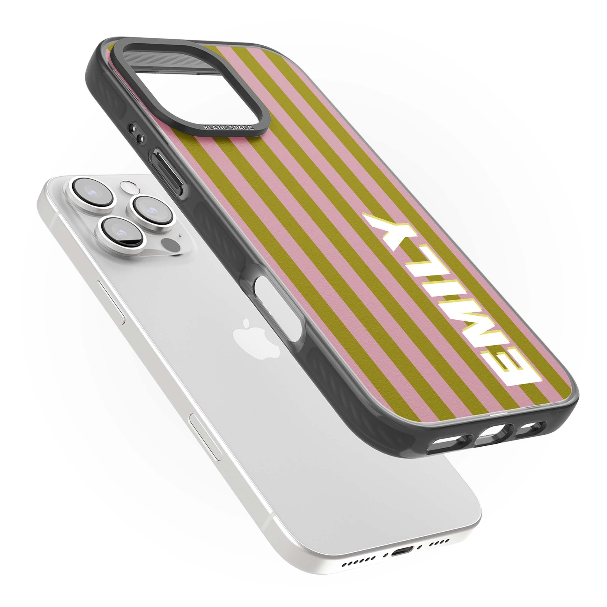 Istanbul Stripe personalised iPhone case featuring pink and olive green vertical stripes with a custom vertical name | Black Impact Magsafe case for iPhone 16 Pro, iPhone 16 Pro Max