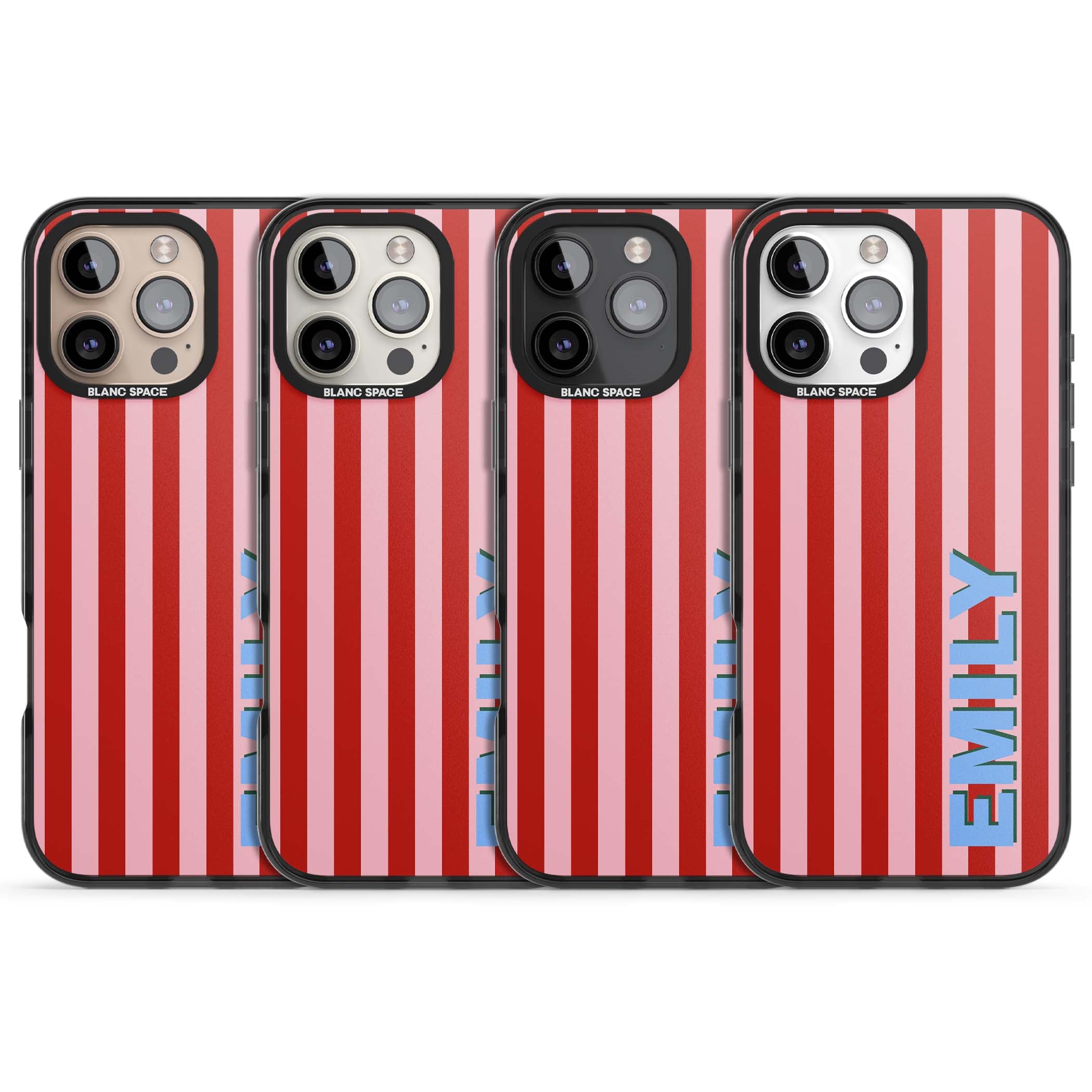 Market Stripe personalised iPhone case with red and pink vertical stripes and custom blue name | Black Impact Magsafe case for iPhone 16 Pro, iPhone 16 Pro Max