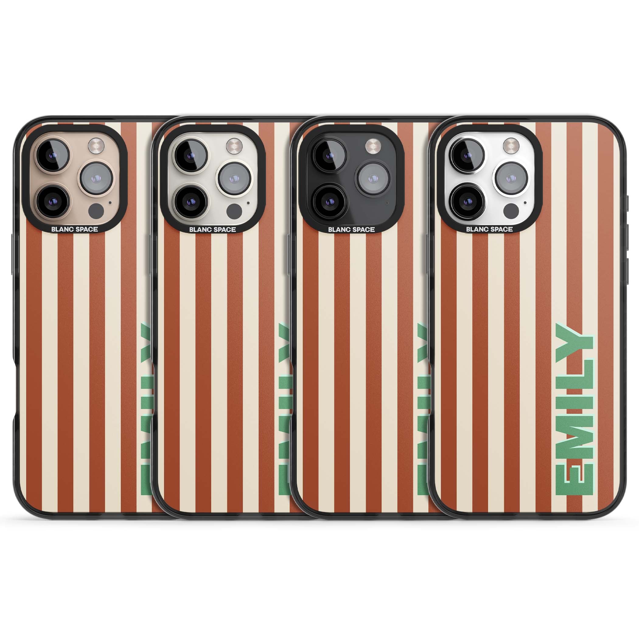 Dune Stripe personalised iPhone case with rust and cream vertical stripes and custom name in mint green | Black Impact Magsafe case for iPhone 16 Pro, iPhone 16 Pro Max