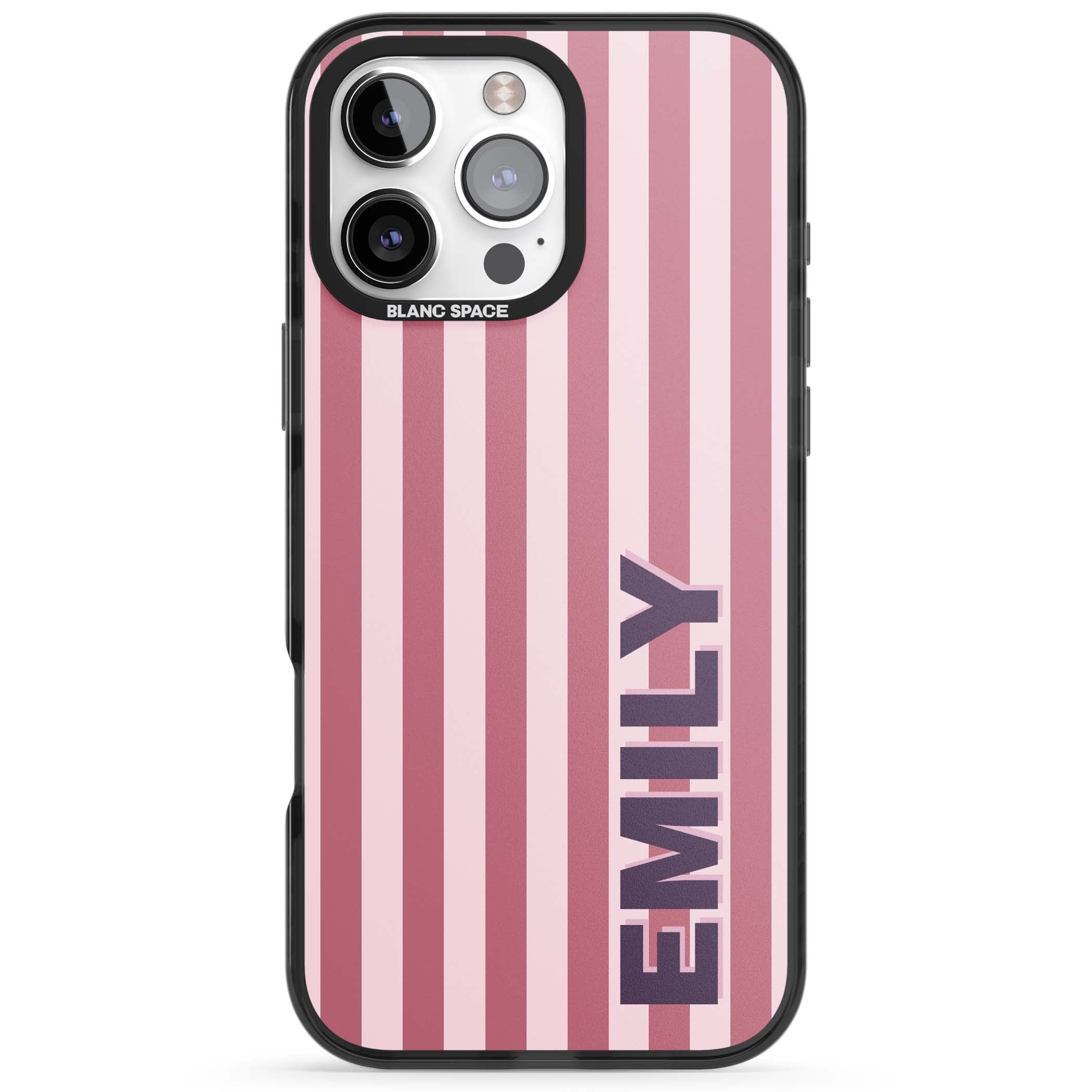 Victoria Stripe personalised iPhone case featuring pink vertical stripes and custom name in bold plum lettering | Black Impact Magsafe case for iPhone 16 Pro, iPhone 16 Pro Max