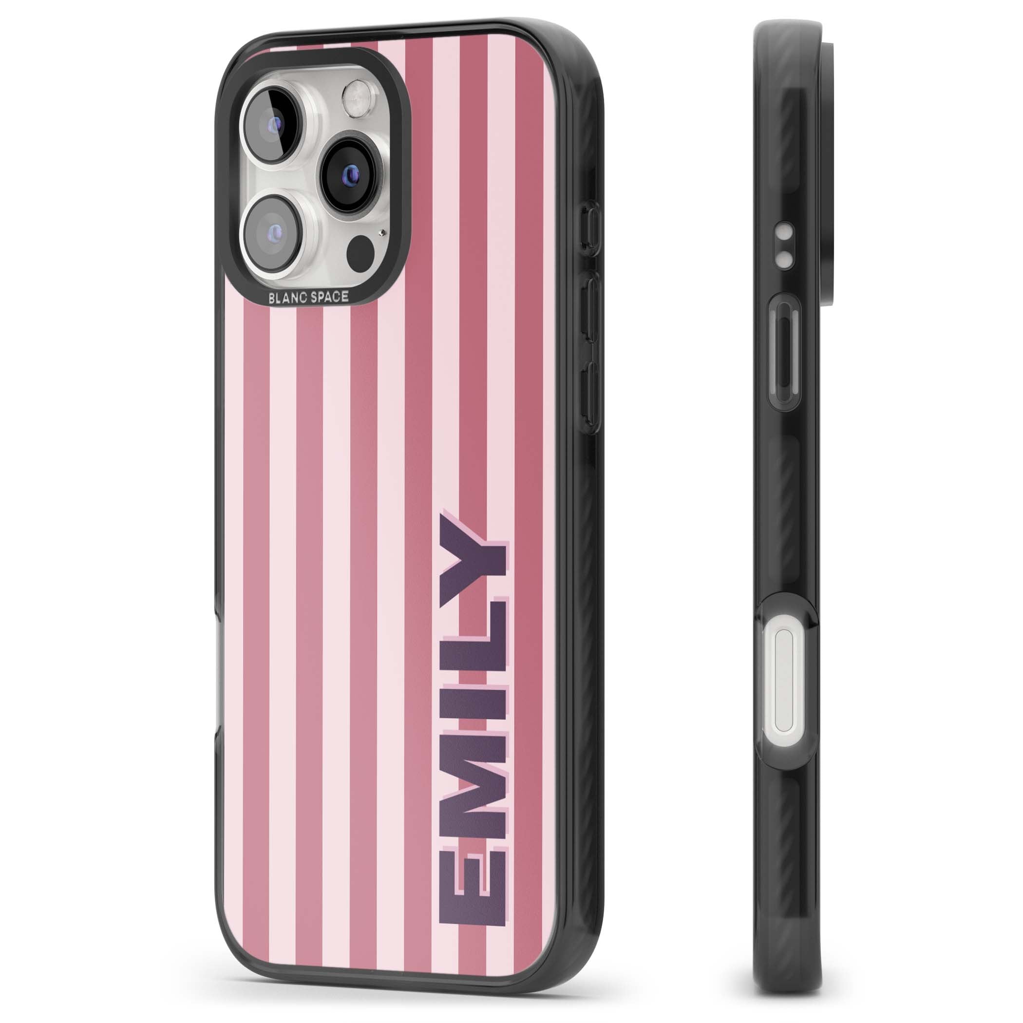 Victoria Stripe personalised iPhone case featuring pink vertical stripes and custom name in bold plum lettering | Black Impact Magsafe case for iPhone 16 Pro, iPhone 16 Pro Max