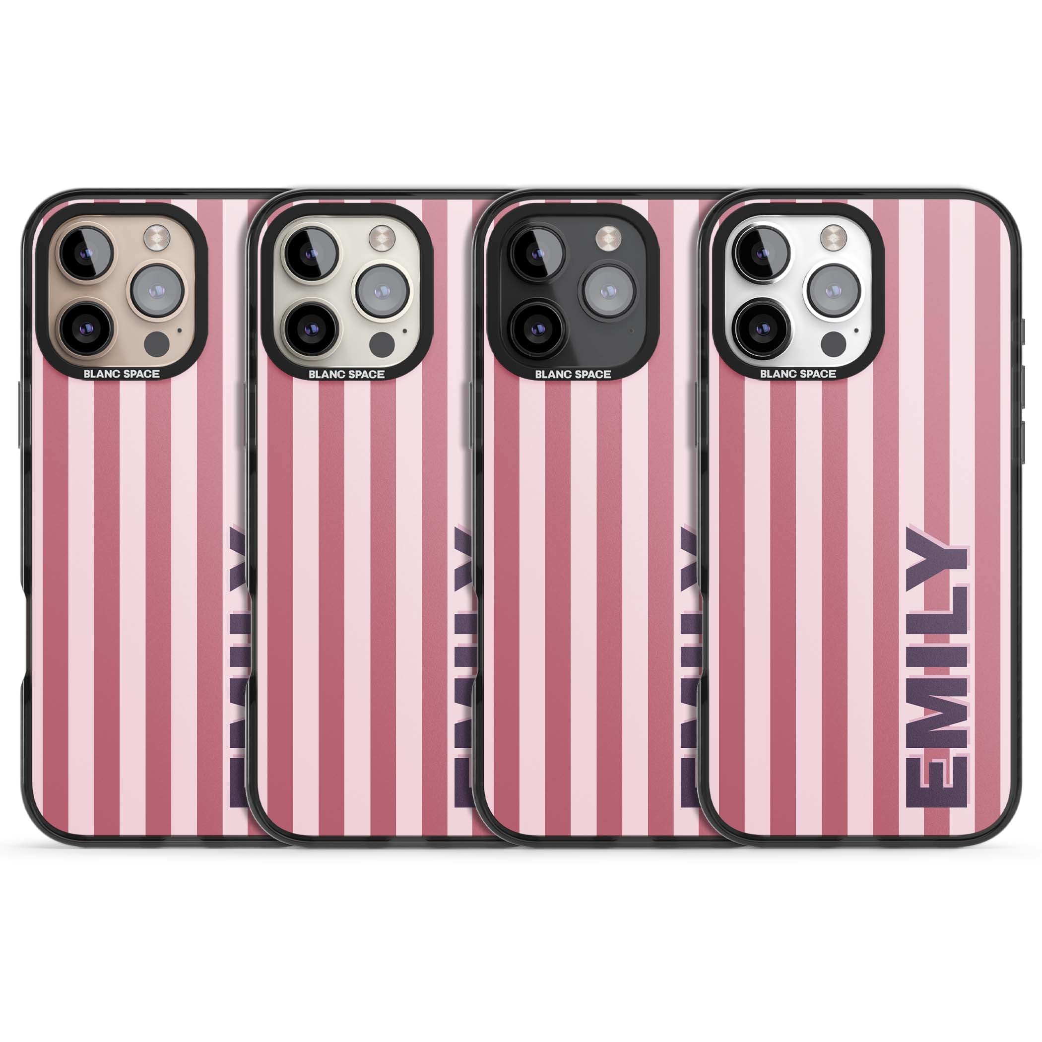 Victoria Stripe personalised iPhone case featuring pink vertical stripes and custom name in bold plum lettering | Black Impact Magsafe case for iPhone 16 Pro, iPhone 16 Pro Max