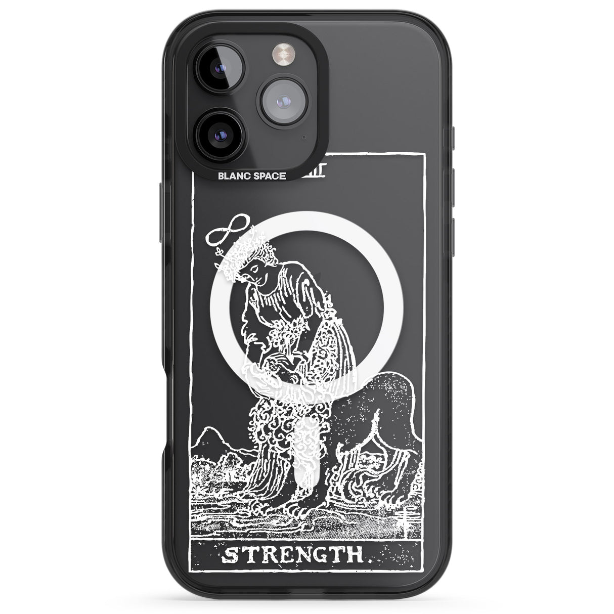 iPhone 16 Pro Max Personalised Strength Tarot Card - White Transparent Black Impact Phone Case