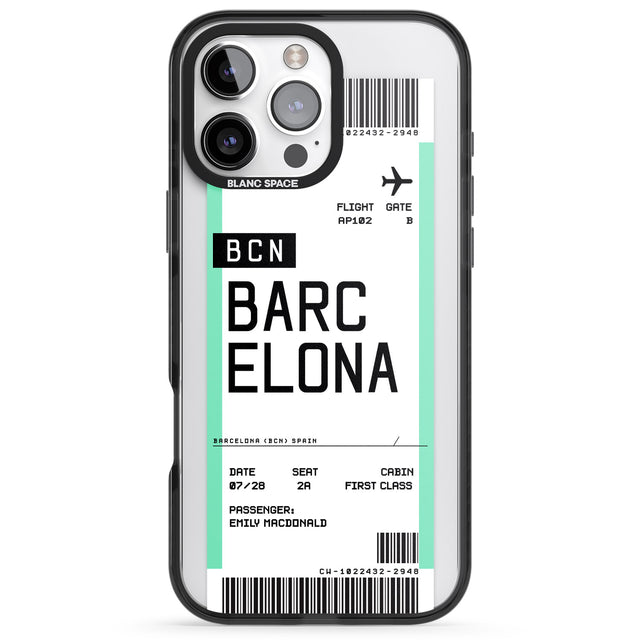 iPhone 16 Pro Max Personalised Barcelona Boarding Pass Black Impact Phone Case